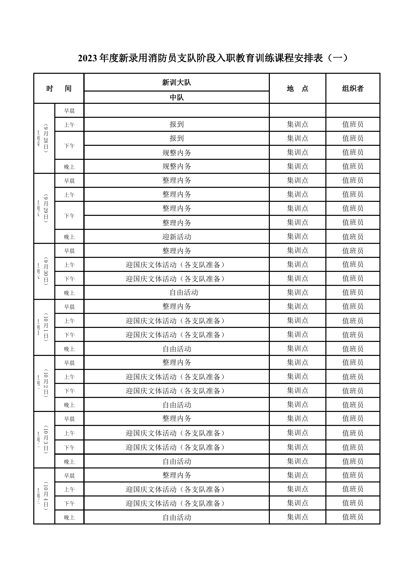 2023年度新录用消防员支队阶段入职教育训练课程安排表.docx 第1页