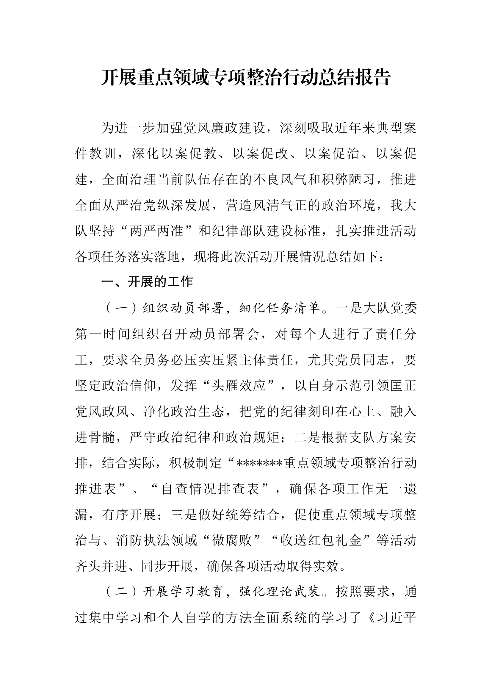 开展重点领域专项整治行动总结报告.docx 第1页