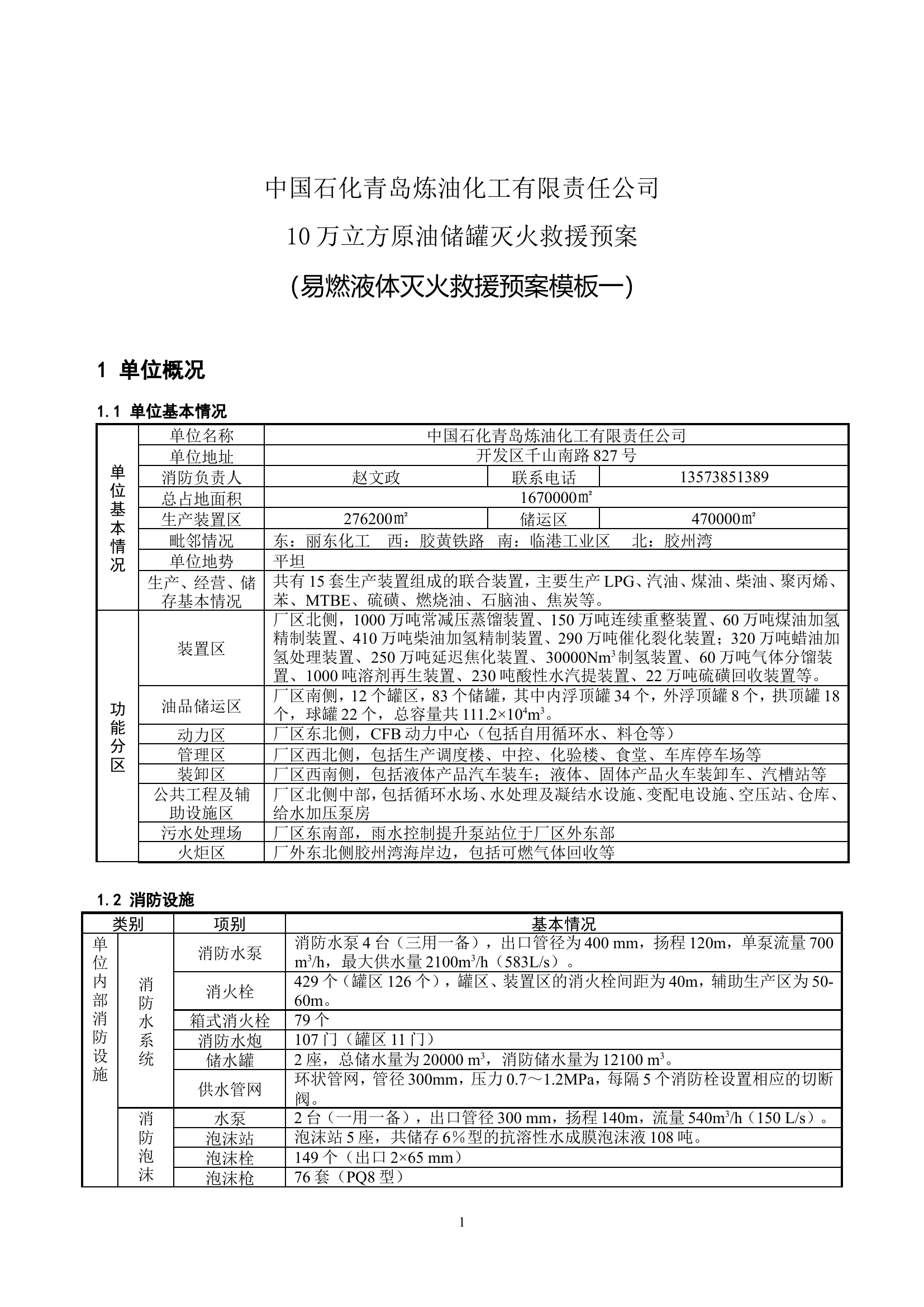 易燃液体灭火救援预案模板一（青岛炼化10万立方原油储罐）.doc 第1页