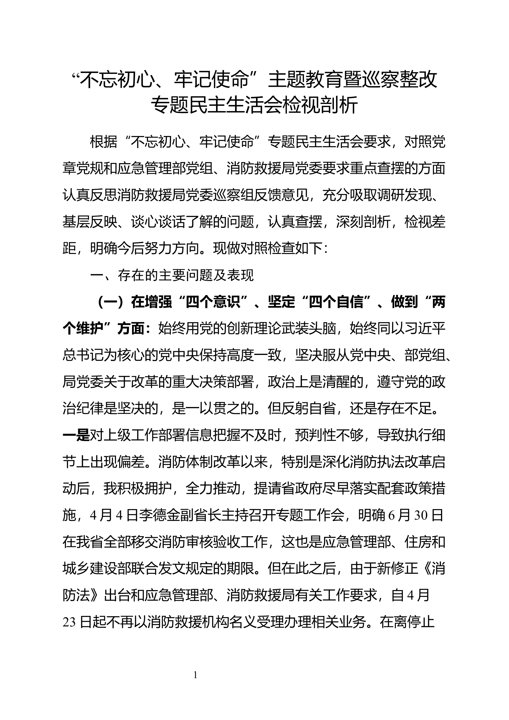 “不忘初心、牢记使命”主题教育暨巡察整改专题民主生活会检视剖析(2).docx 第1页