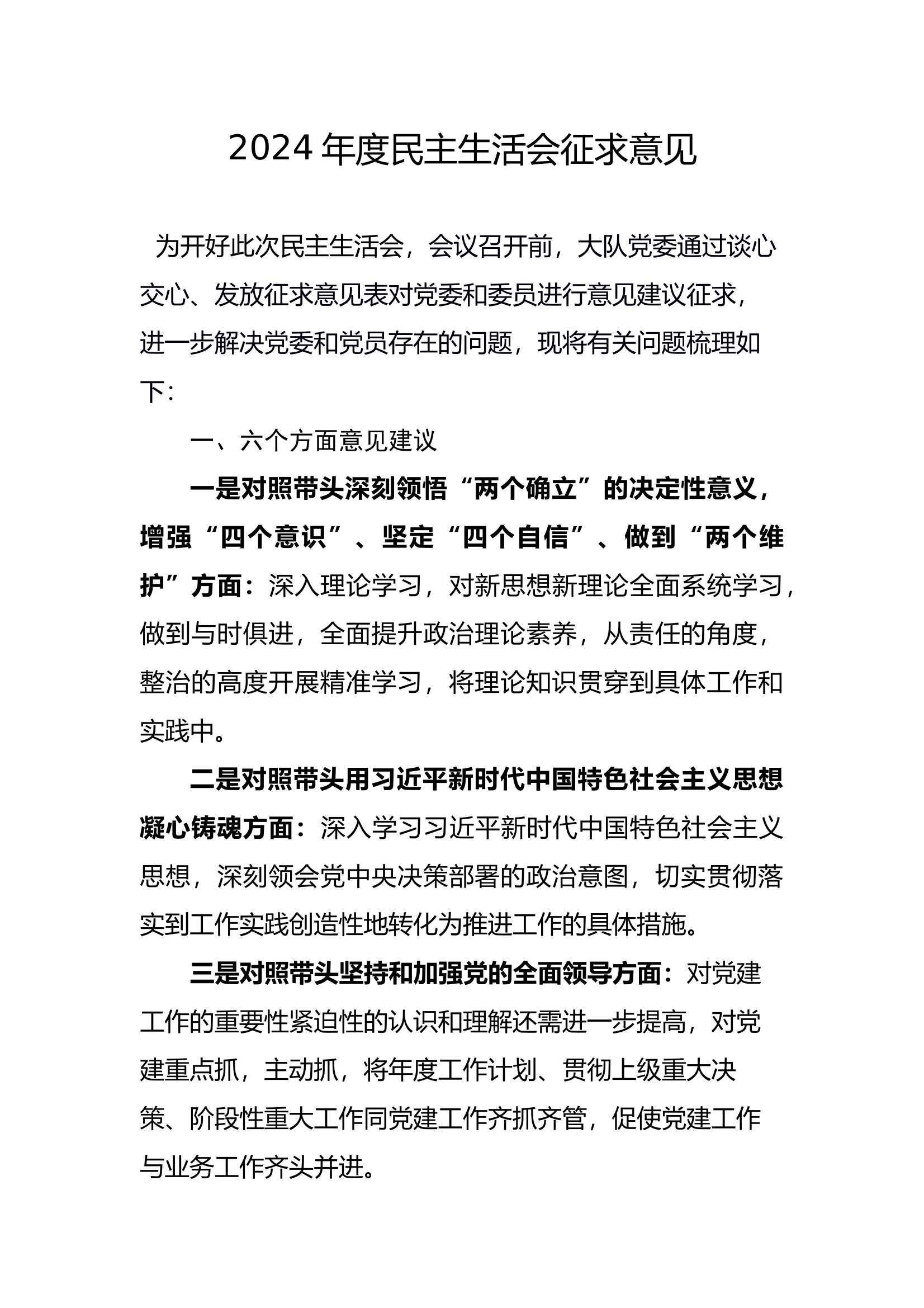 2024年度民主生活会征求意见 第1页