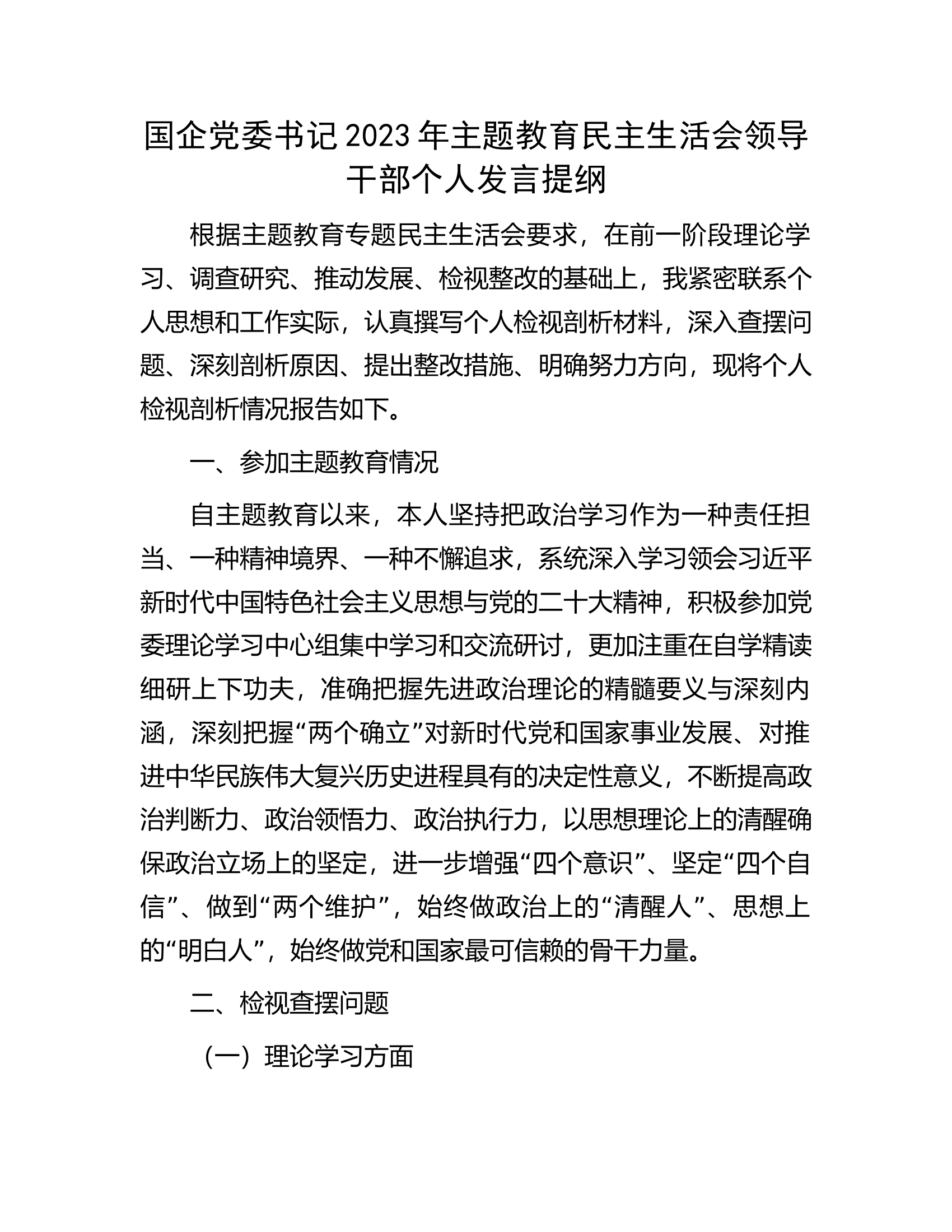 ..党委书记2023年主题教育民主生活会领导干部个人发言提纲........docx 第1页