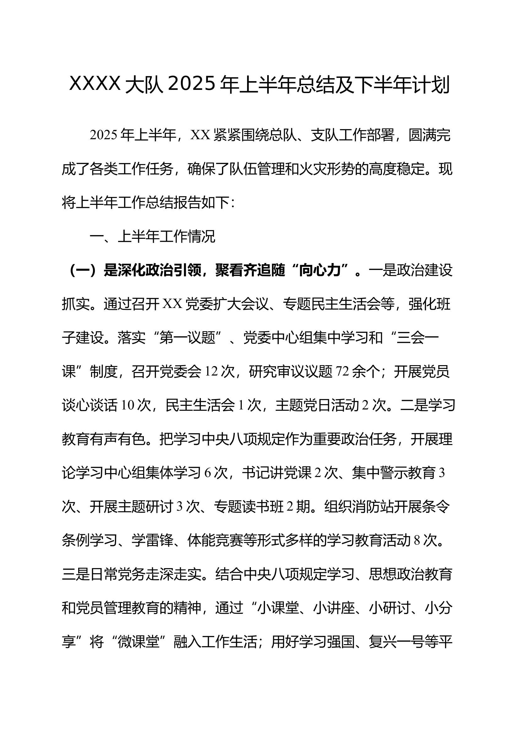 XXXX大队2025年上半年总结及下半年计划 第1页