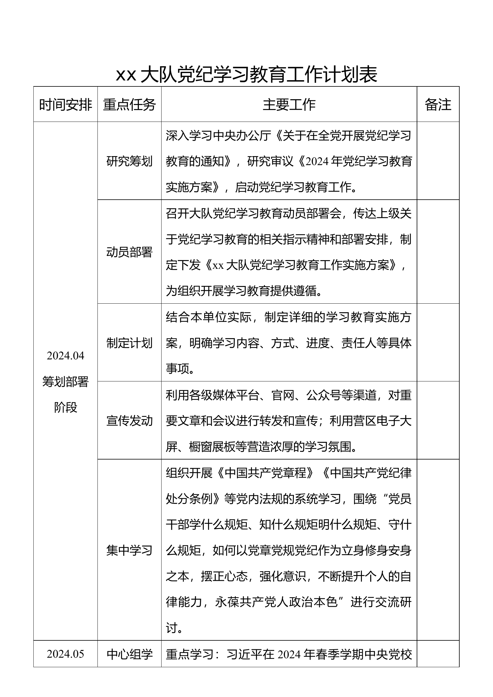 xx大队党纪学习教育工作计划表.docx 第1页