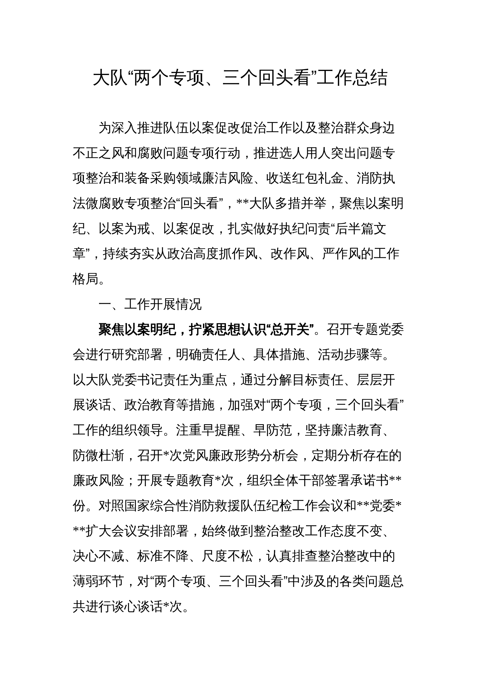 消防救援大队“两个专项、三个回头看”工作总结 第1页