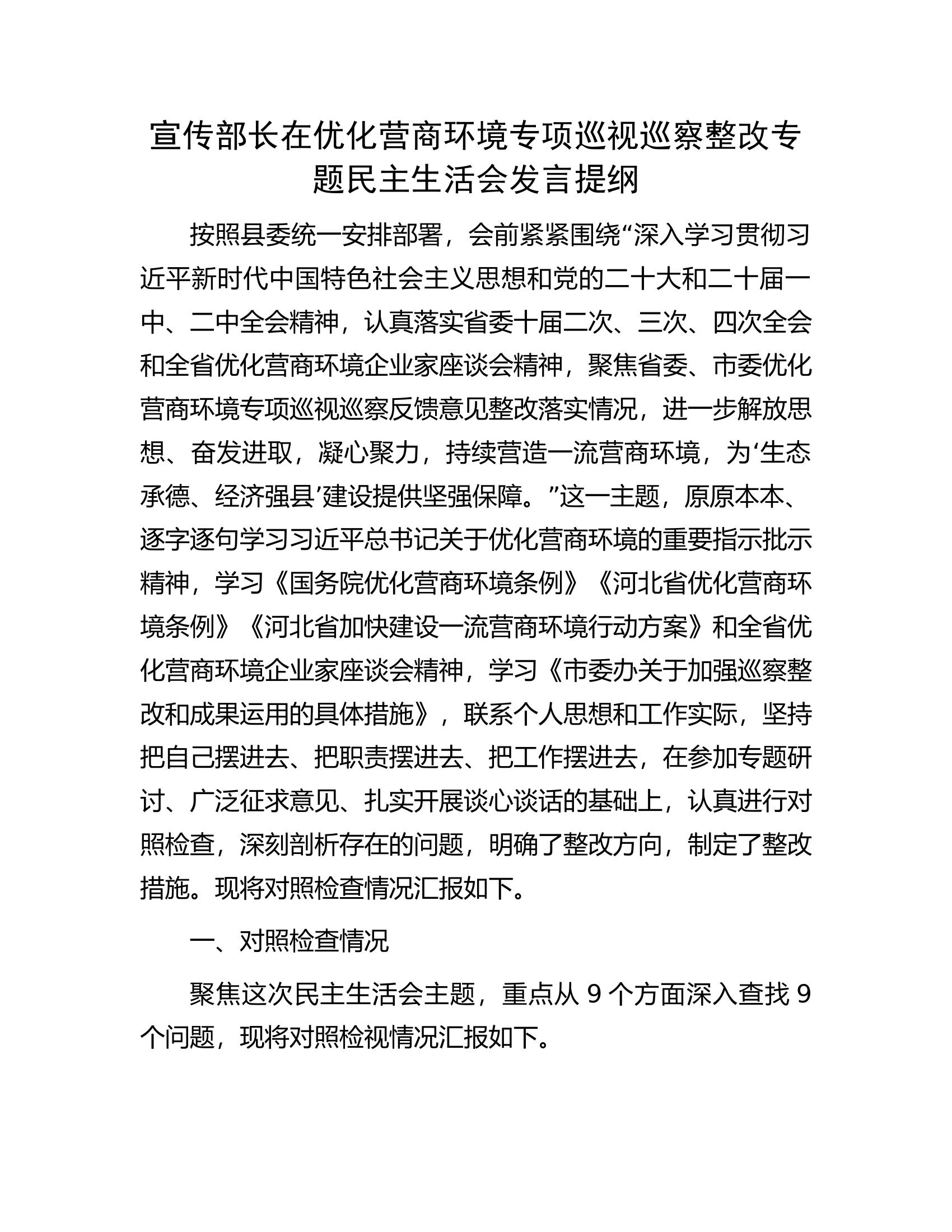宣传部长在优化营商环境专项巡视巡察整改专题民主生活会发言提纲.docx 第1页