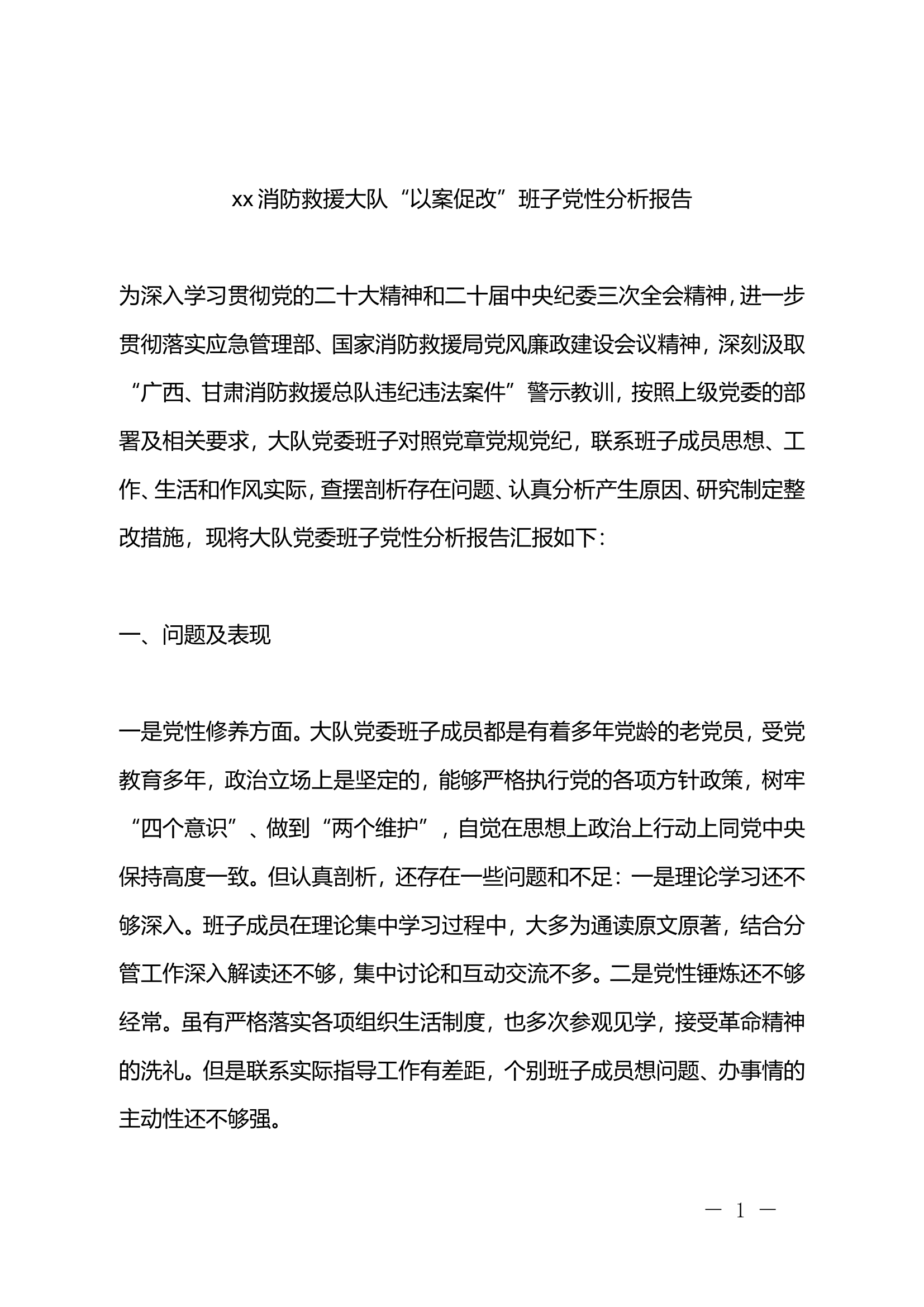 xx消防救援大队“以案促改”班子党性分析报告.doc 第1页