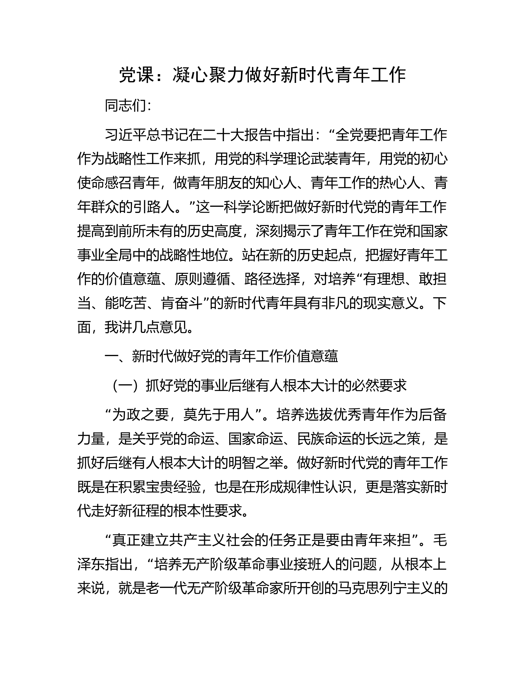 党课：凝心聚力做好新时代青年工作​​.docx 第1页