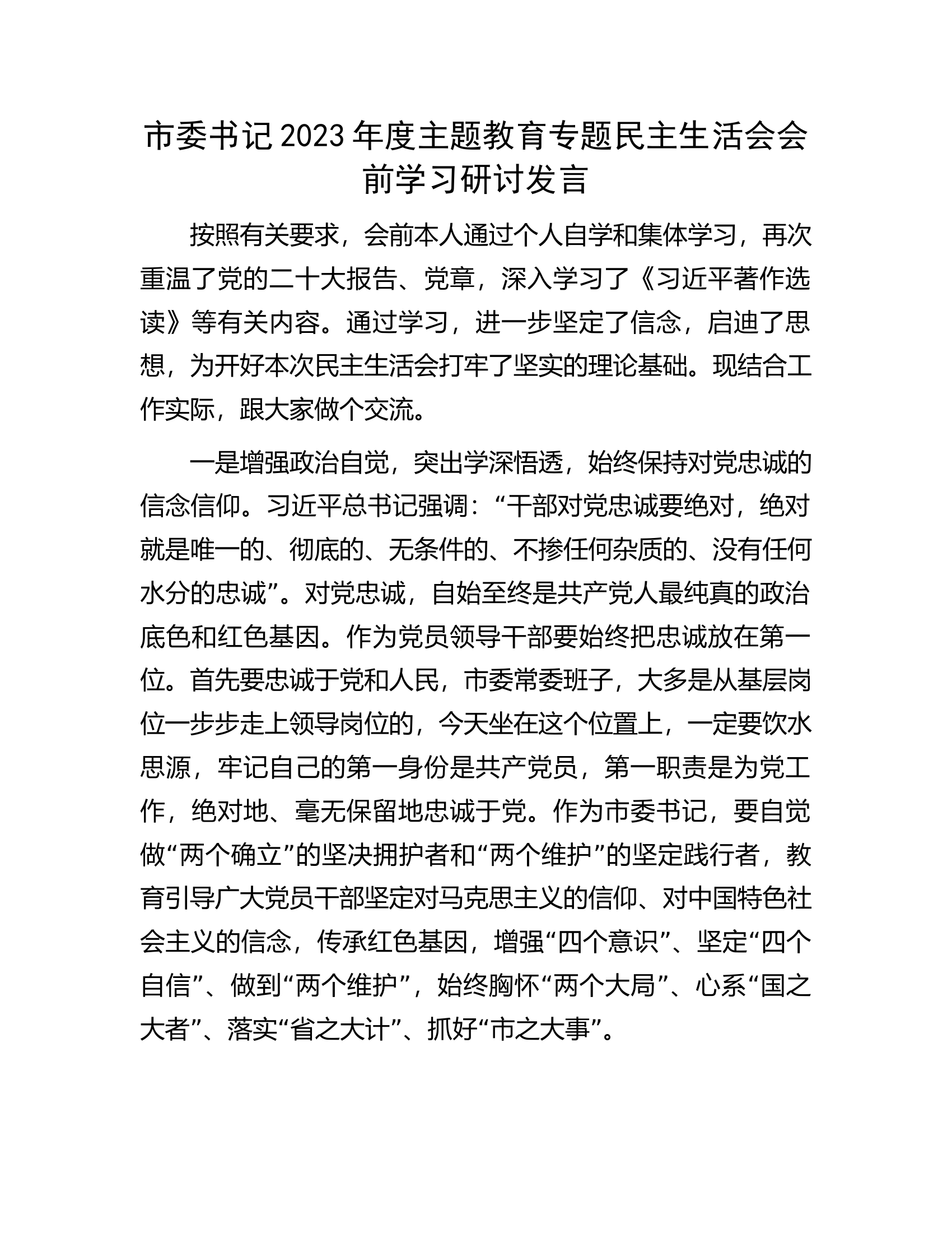 市委书记2023年度主题教育专题民主生活会会前学习研讨发言..........docx 第1页