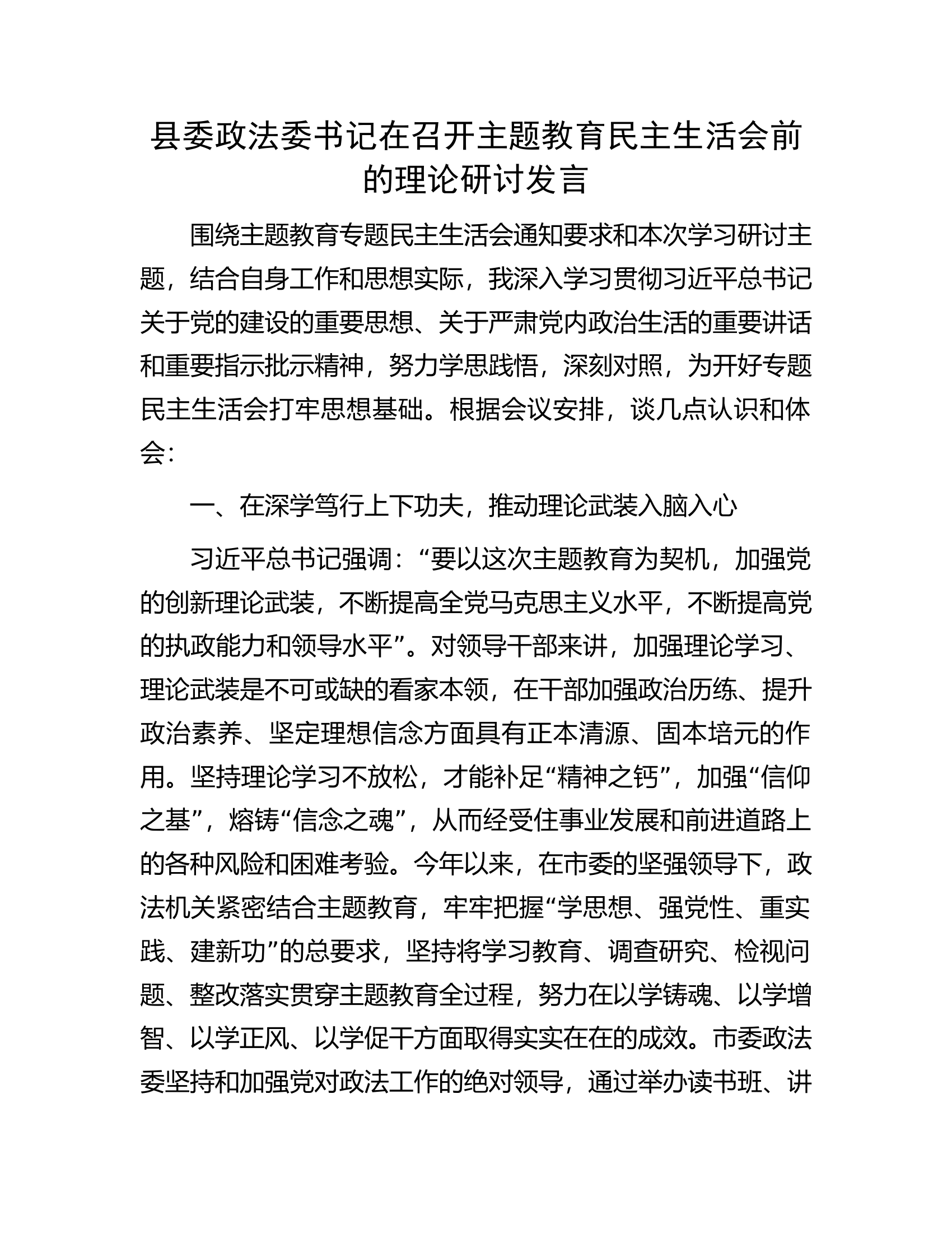 县委政法委书记在召开主题教育民主生活会前的理论研讨发言..................docx 第1页