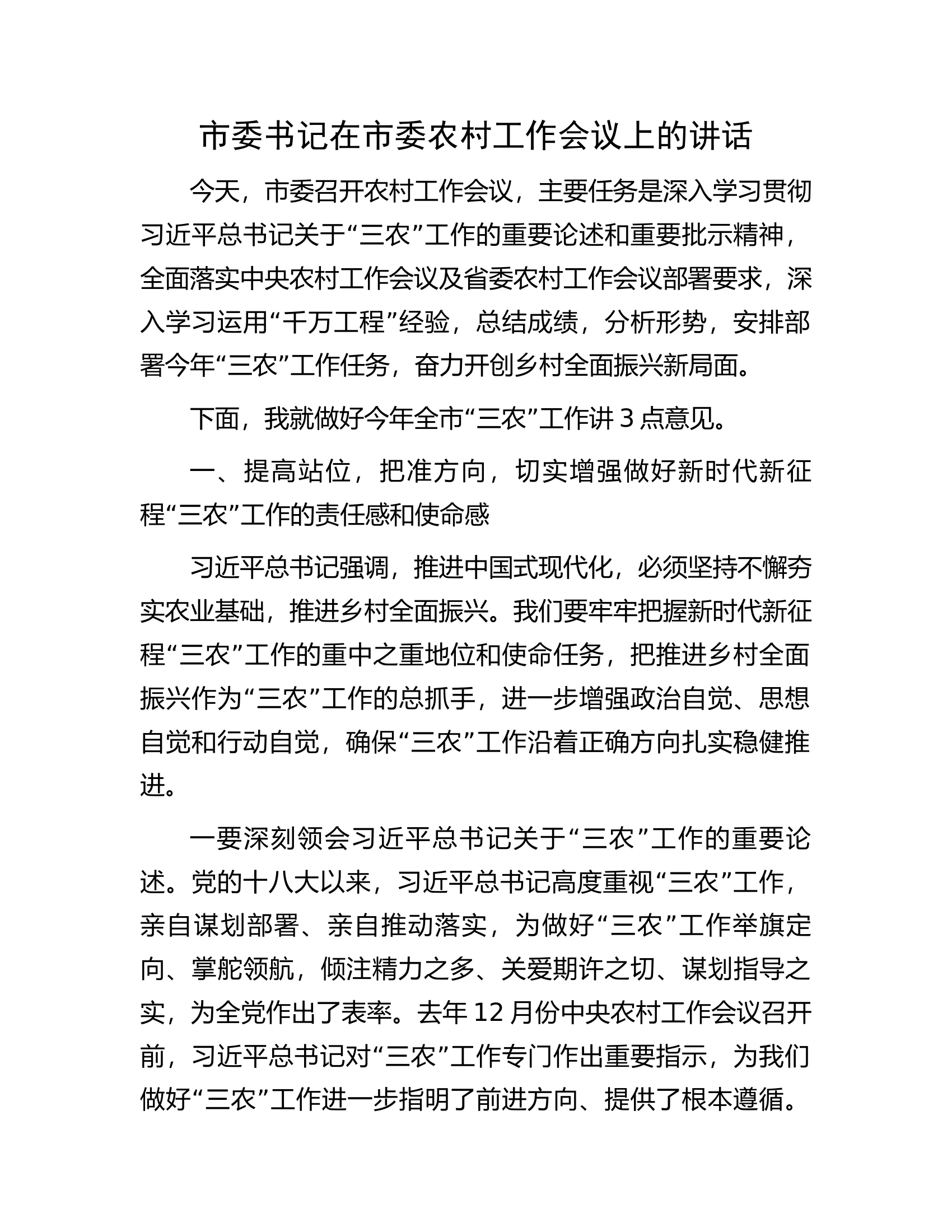 市委书记在市委农村工作会议上的讲话.docx 第1页