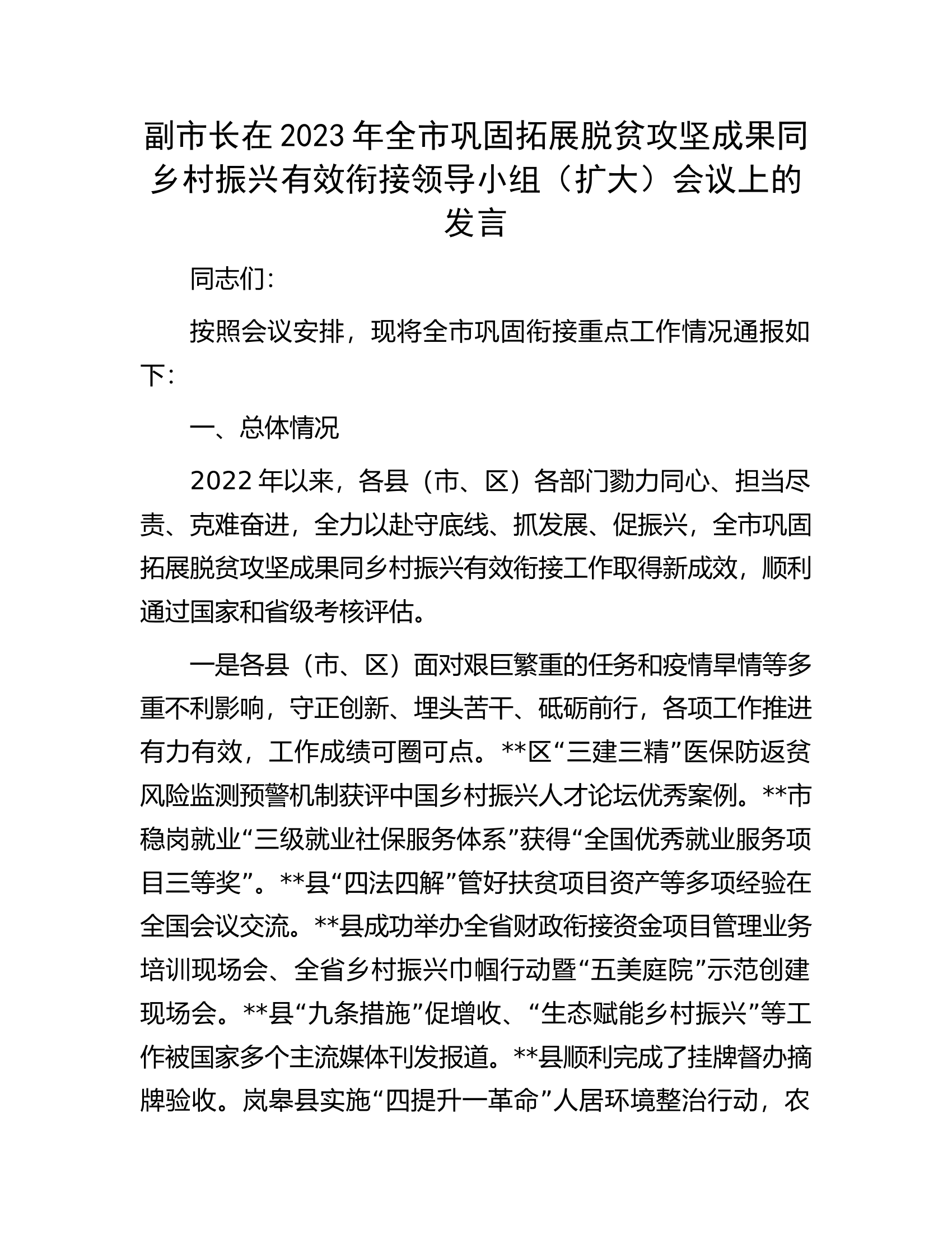副市长在2023年全市巩固拓展脱贫攻坚成果同乡村振兴有效衔接领导小组（扩大）会议上的发言.docx 第1页