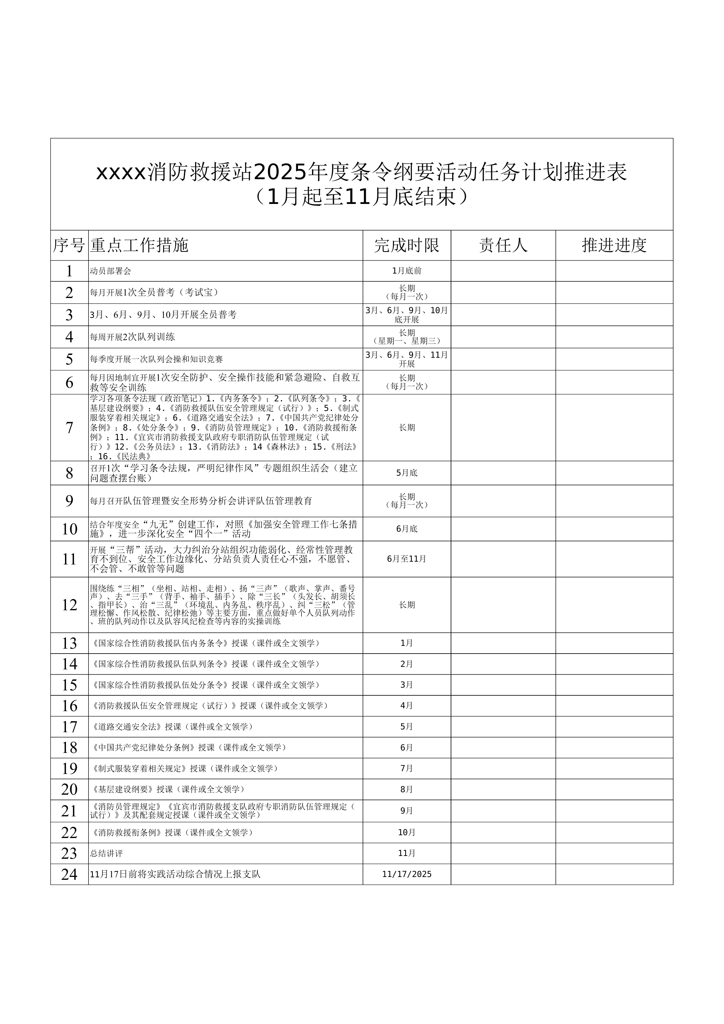xxxx消防救援站2025年条令纲要计划推进表 第1页