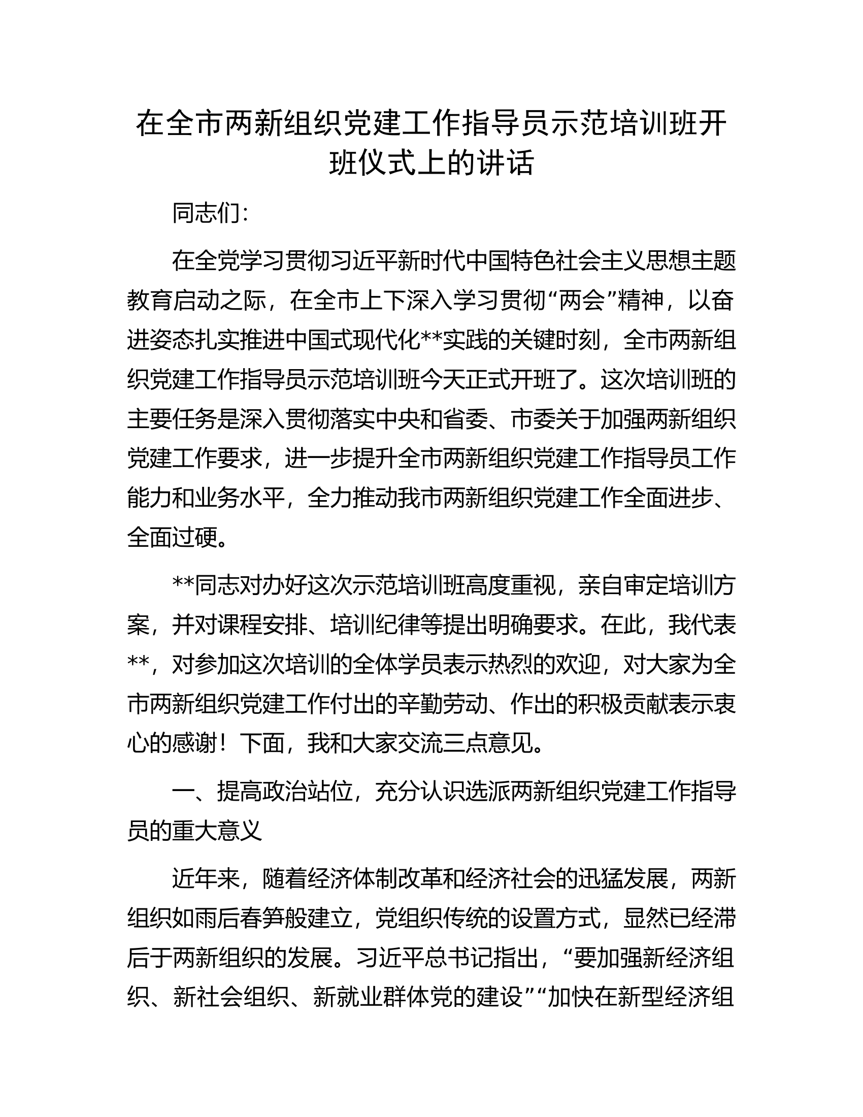在全市两新组织党建工作指导员示范培训班开班仪式上的讲话.docx 第1页