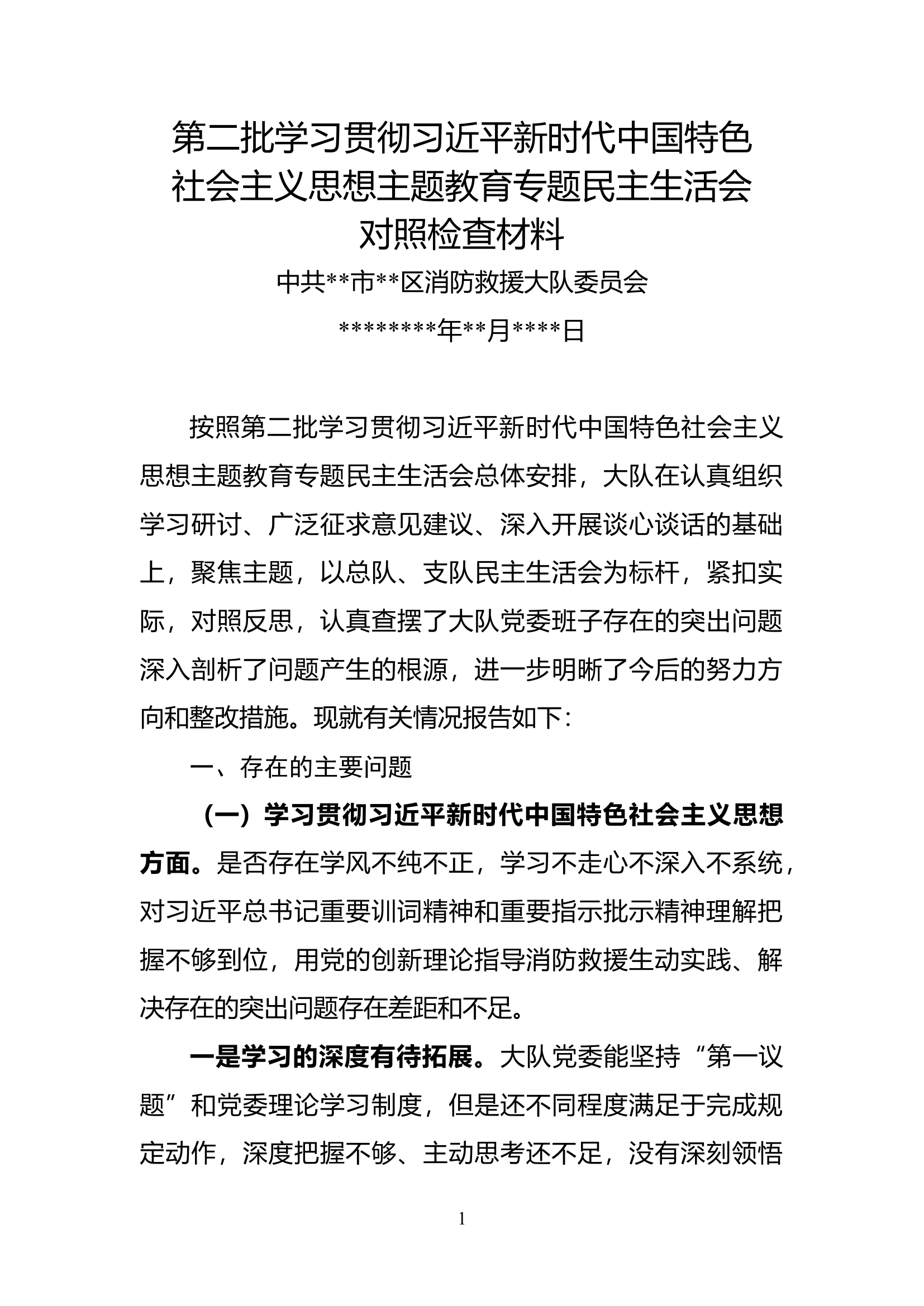 第二批学习贯彻习近平新时代中国特色社会主义思想主题教育专题民主生活会大队党委班子对照检查材料.docx 第1页