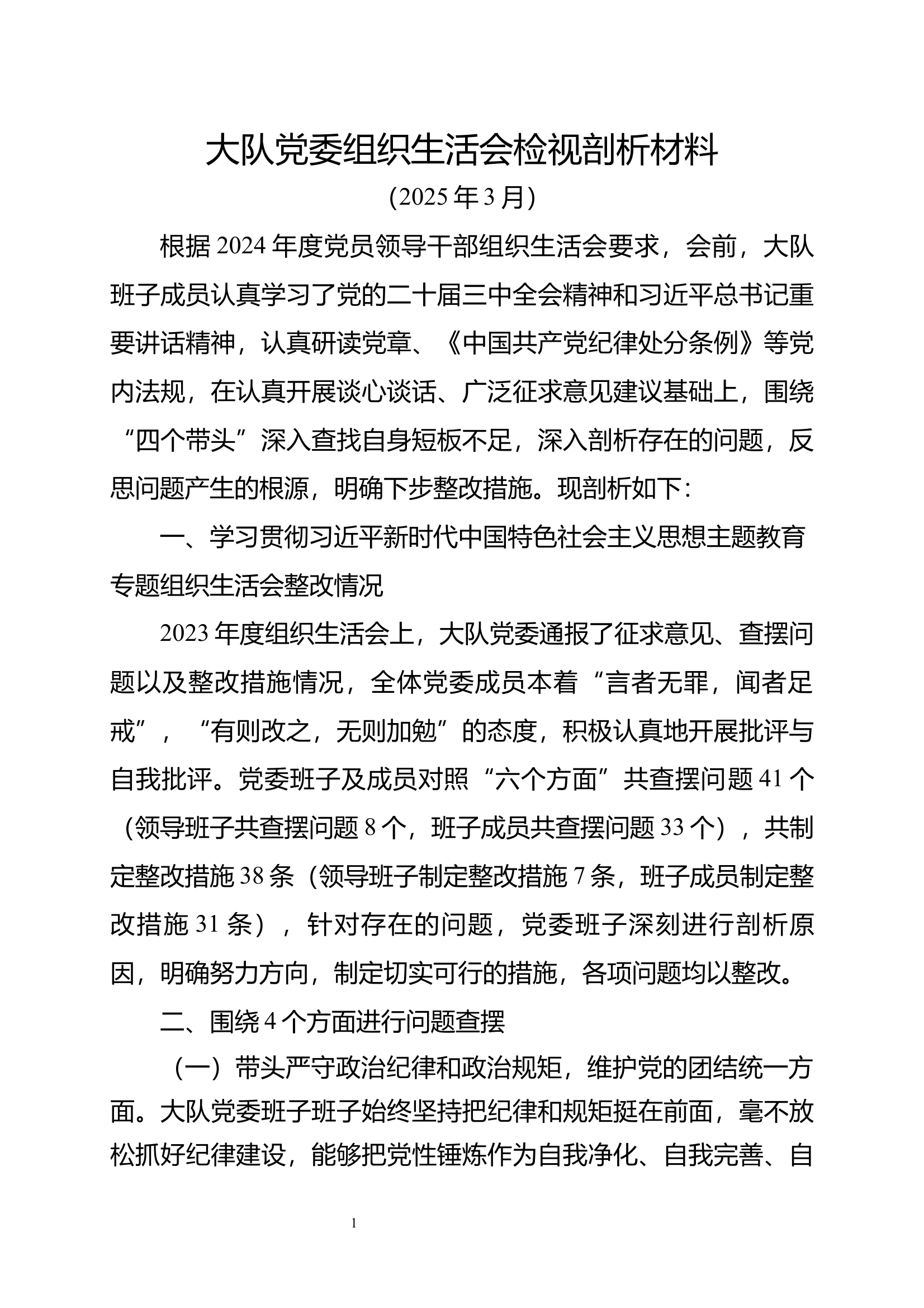 大队党委组织生活会剖析材料 第1页