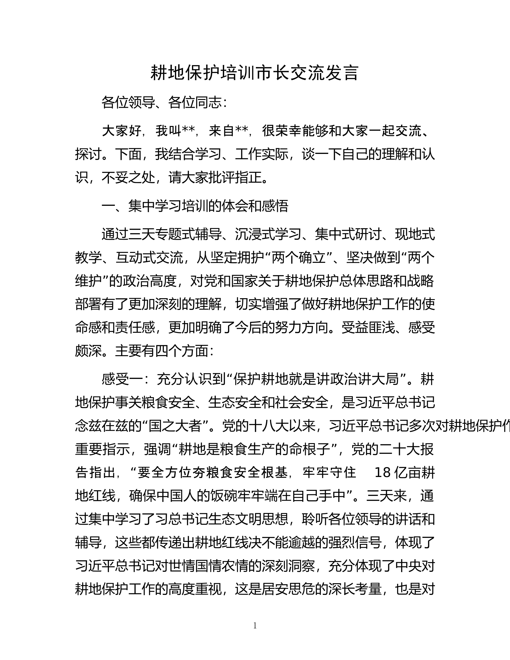 耕地保护培训市长交流发言.docx 第1页