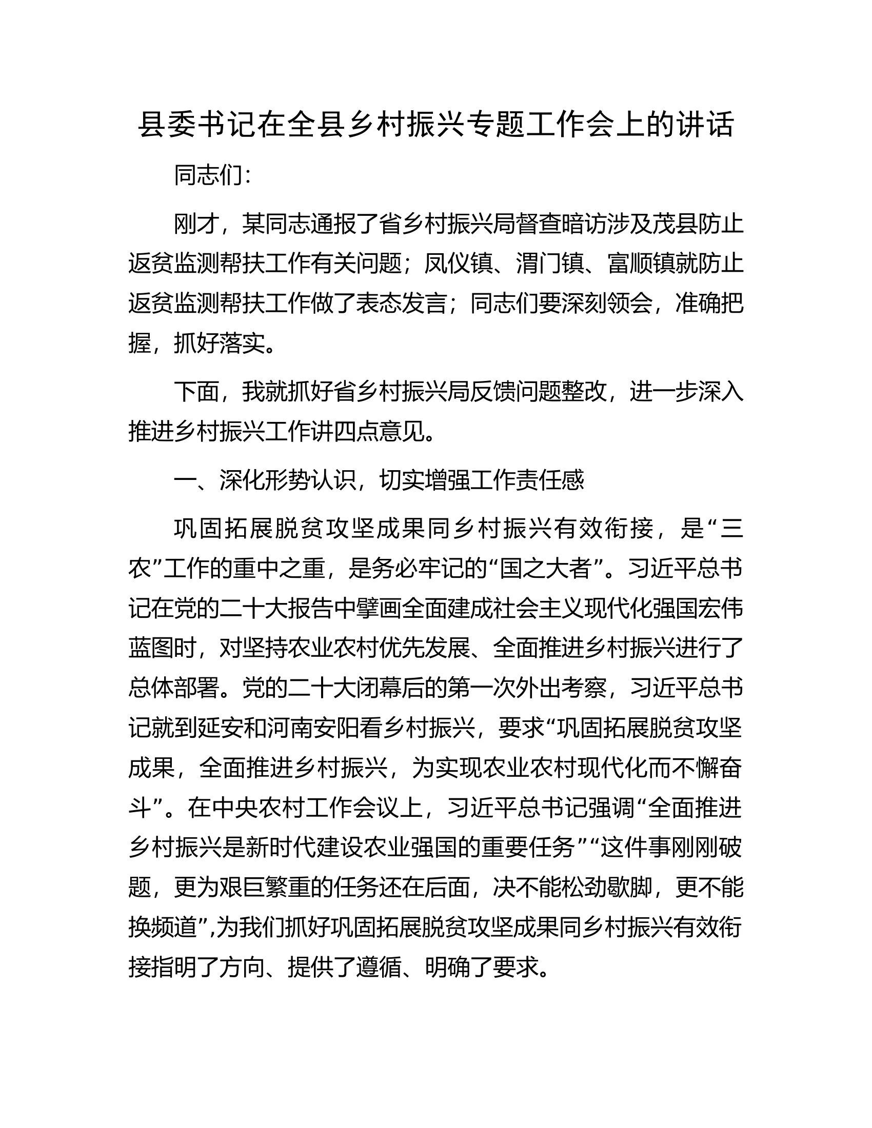 县委书记在全县乡村振兴专题工作会上的讲话.docx 第1页