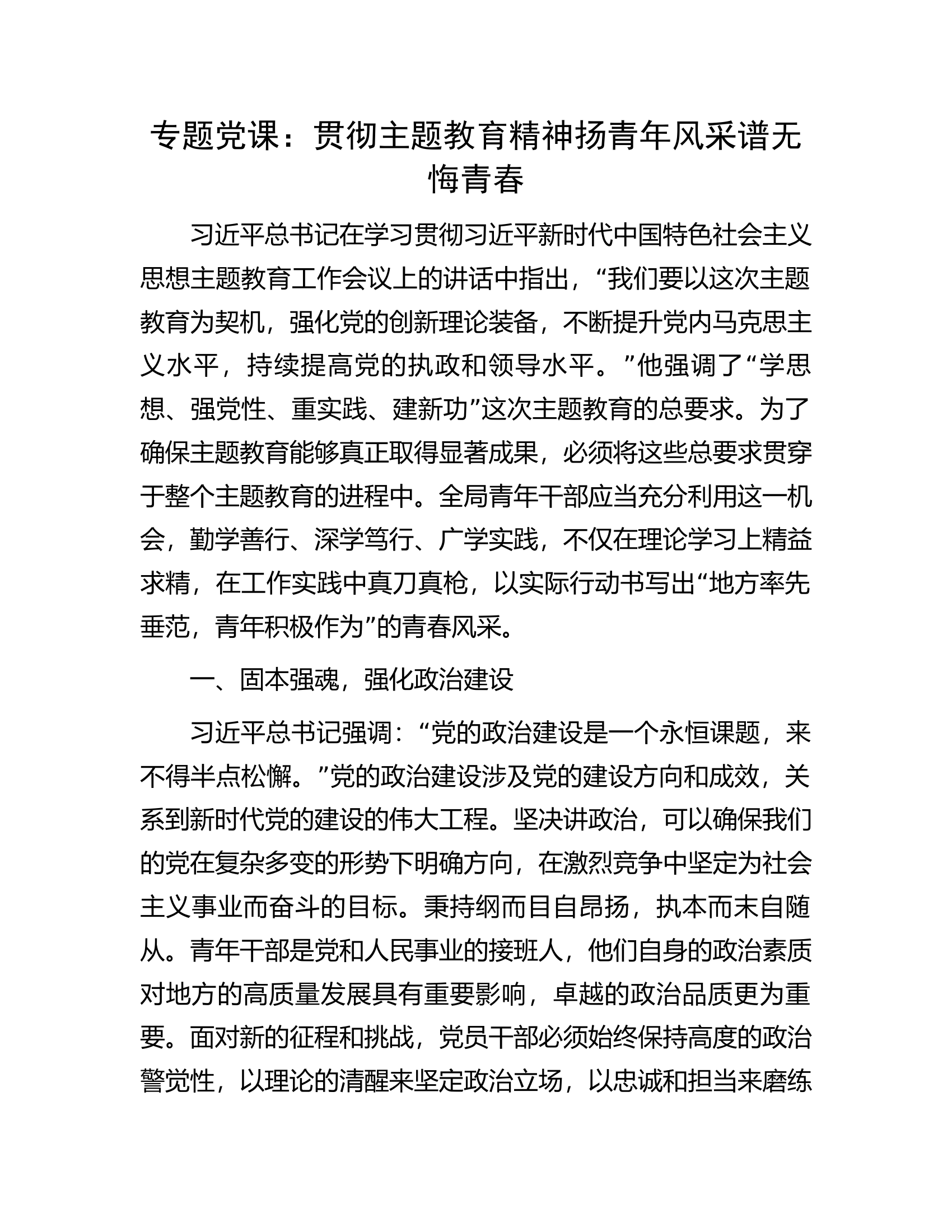 专题党课：贯彻主题教育精神扬青年风采谱无悔青春.docx 第1页