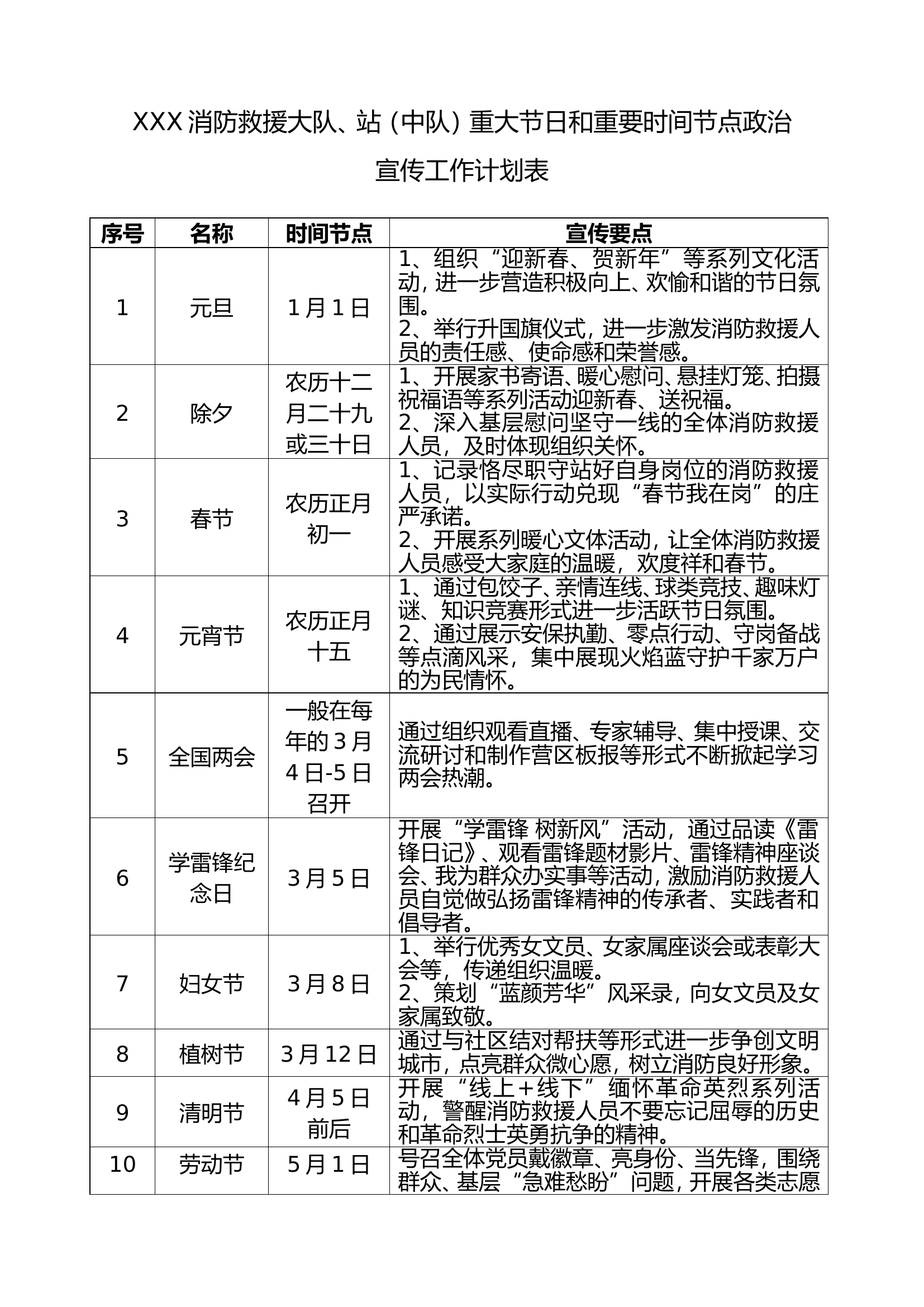 XXX消防救援大队、站（中队）重大节日和重要时间节点政治宣传工作计划表.doc 第1页