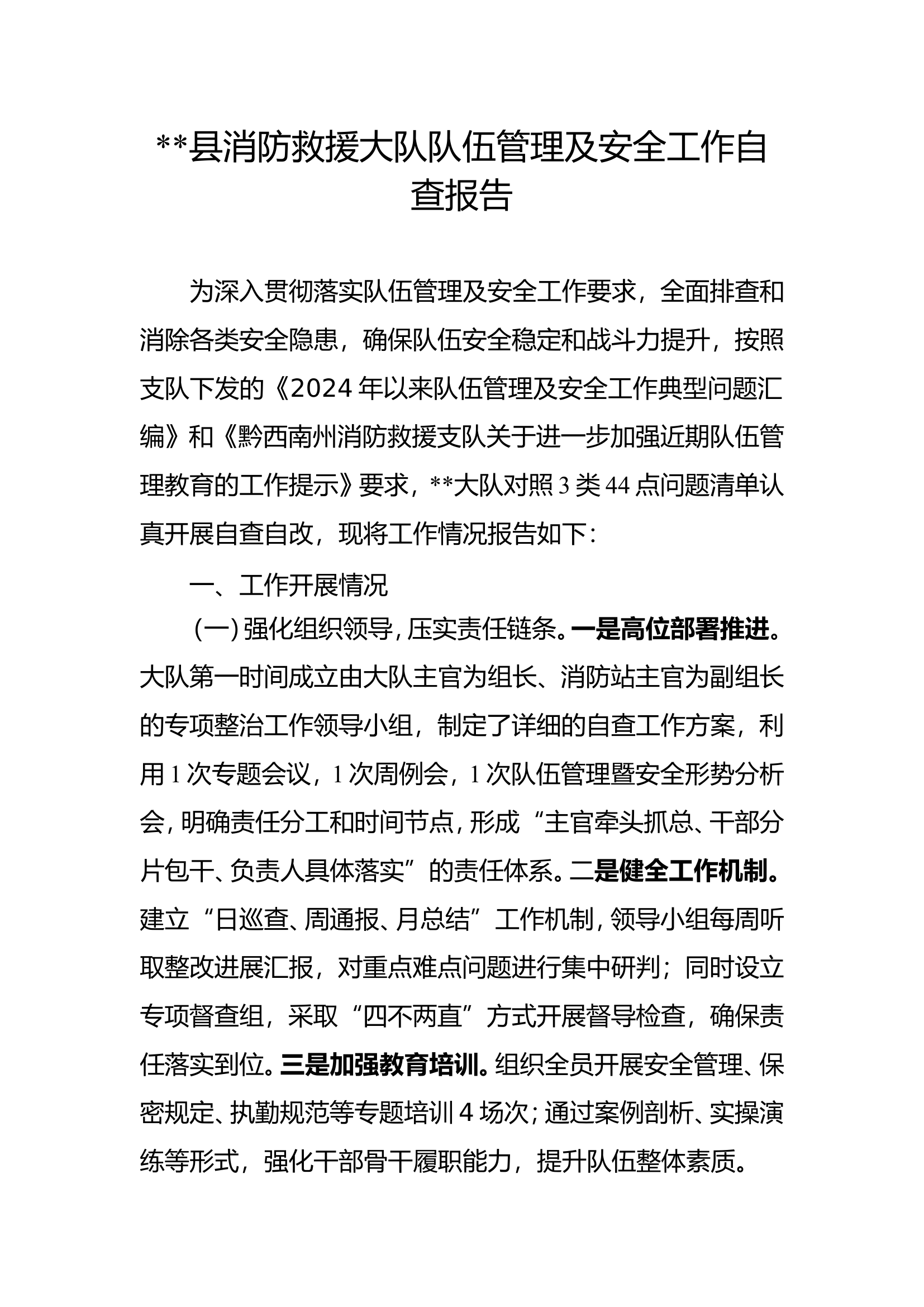 消防救援大队队伍管理及安全工作自查报告 (1) 第1页