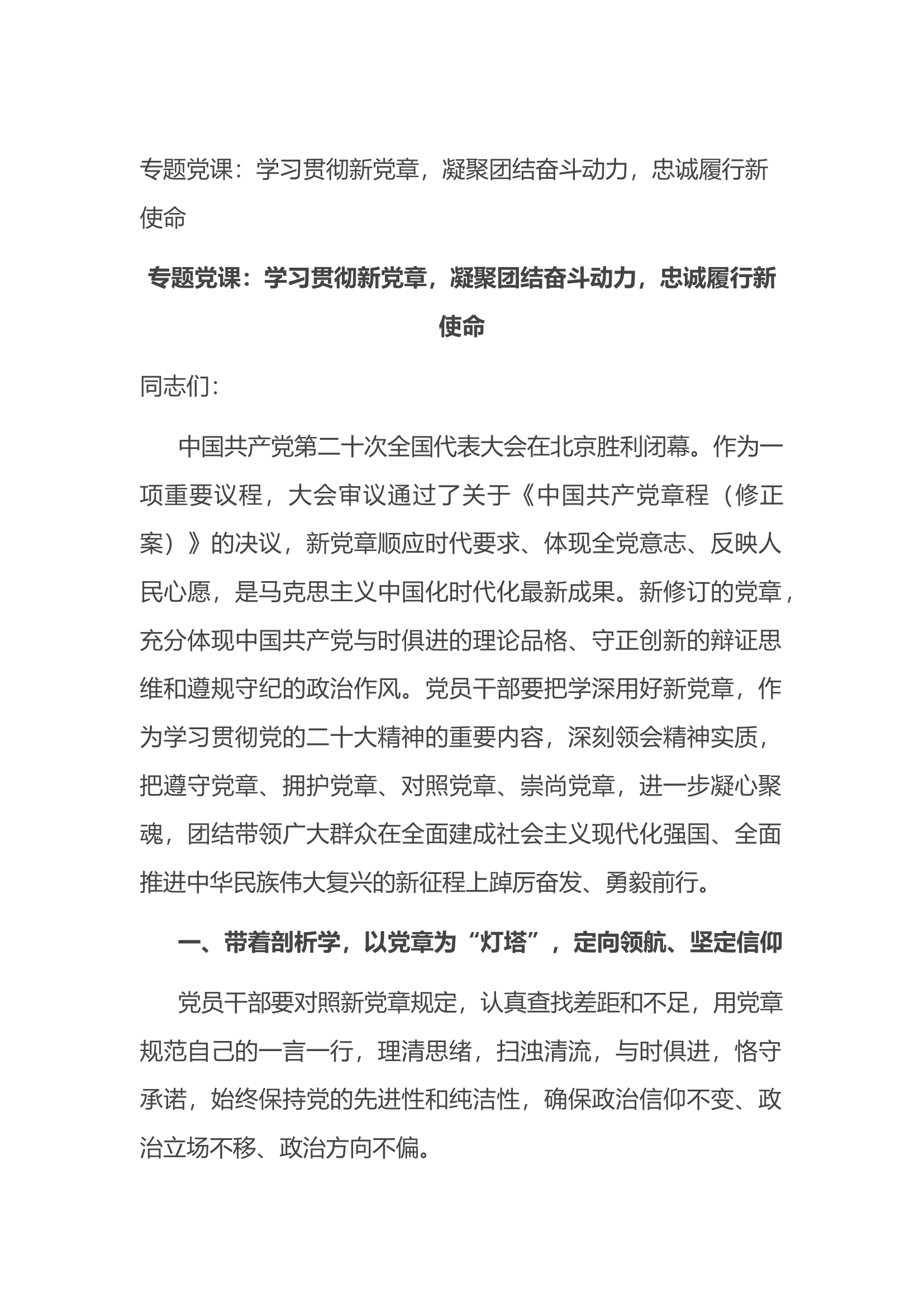 党章专题党课：学习贯彻新党章，凝聚团结奋斗动力，忠诚履行新使命.docx 第1页