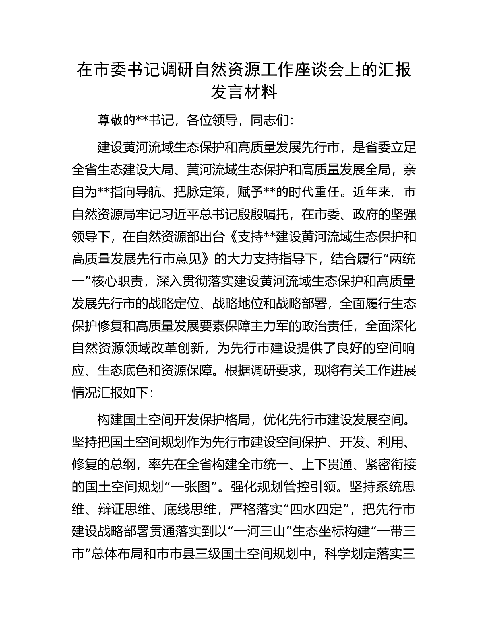 在市委书记调研自然资源工作座谈会上的汇报发言材料.docx 第1页