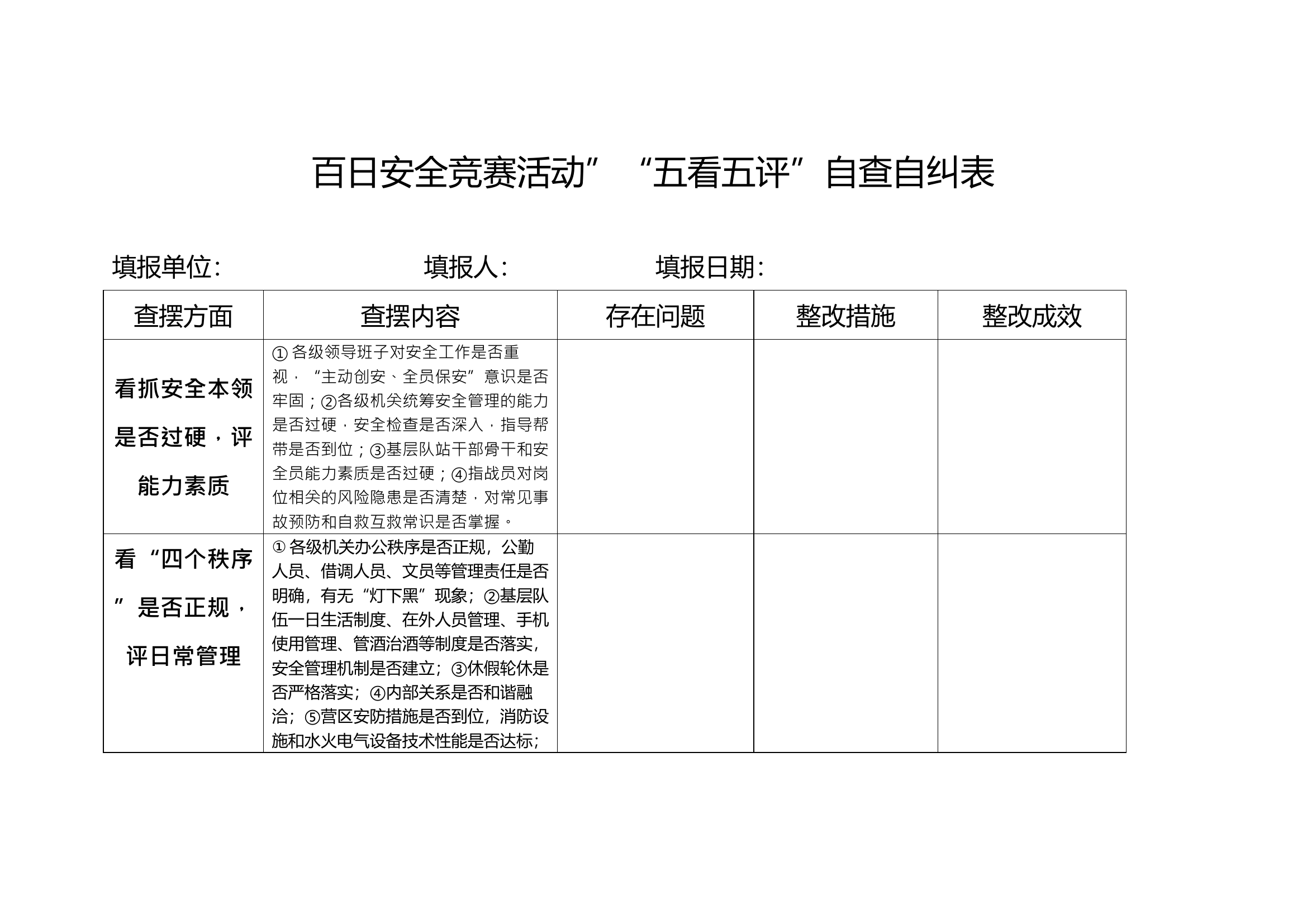 xx救援队百日安全竞赛活动&rdquo;&ldquo;五看五评&rdquo;自查自纠表 (1).docx 第1页