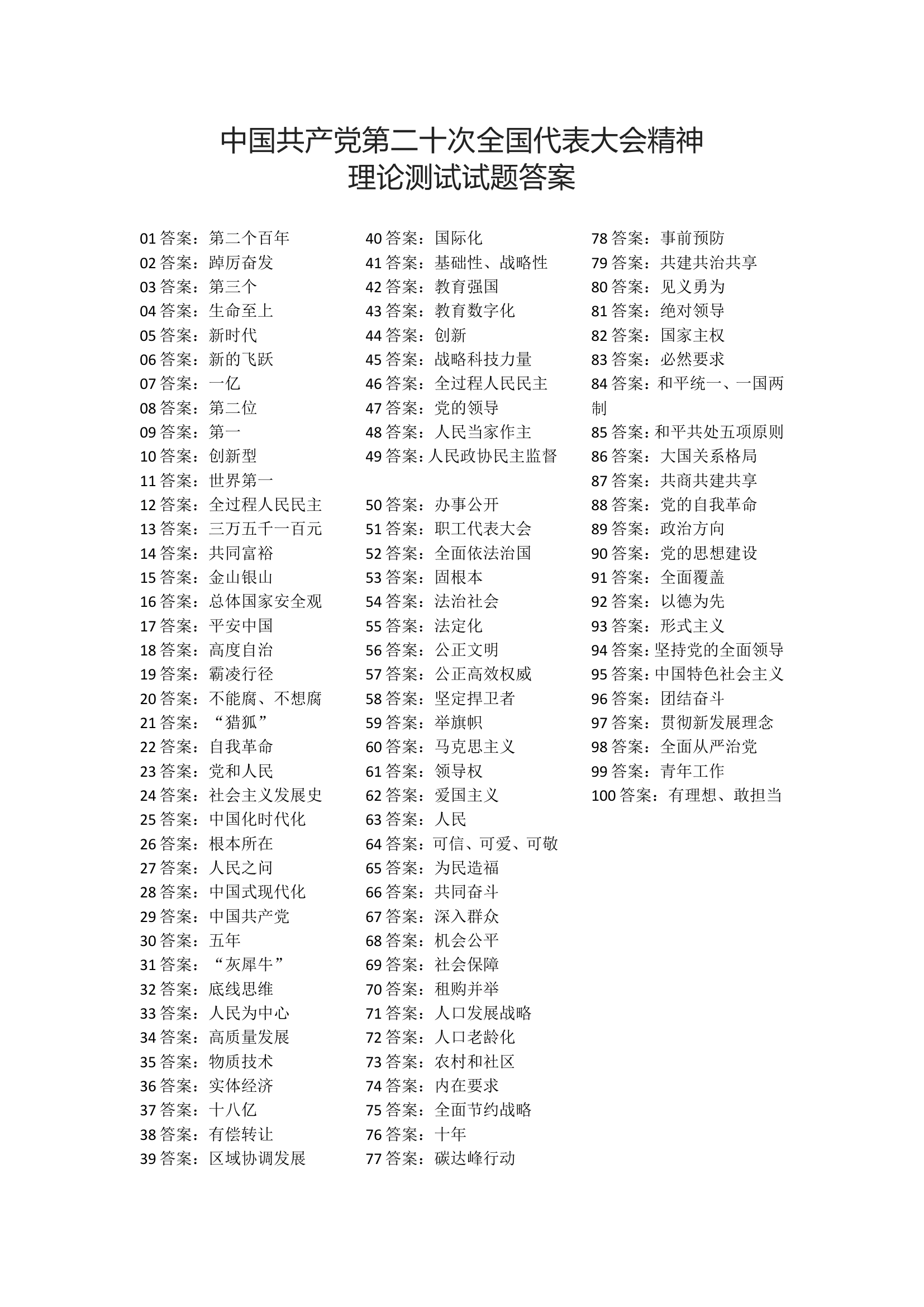 中国共产党第二十次全国代表大会精神理论测试试题答案.doc 第1页