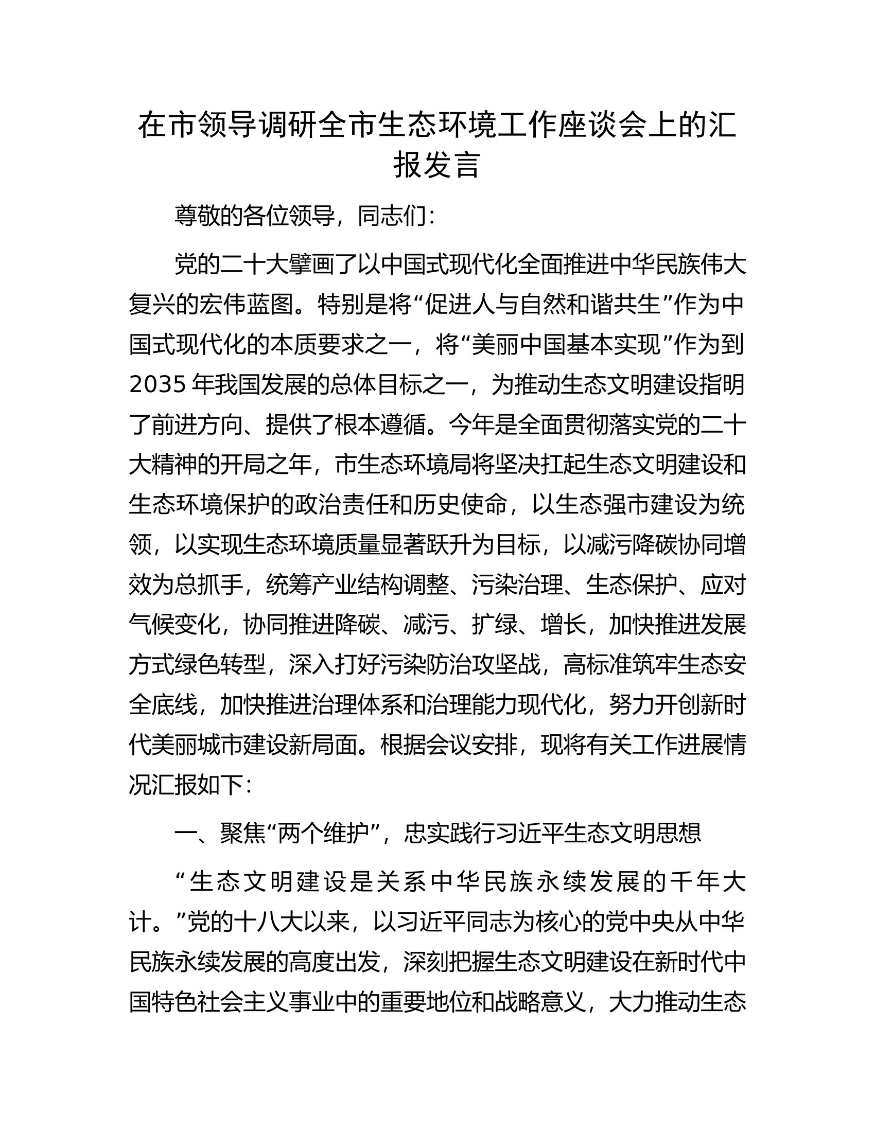 在市领导调研全市生态环境工作座谈会上的汇报发言.docx 第1页