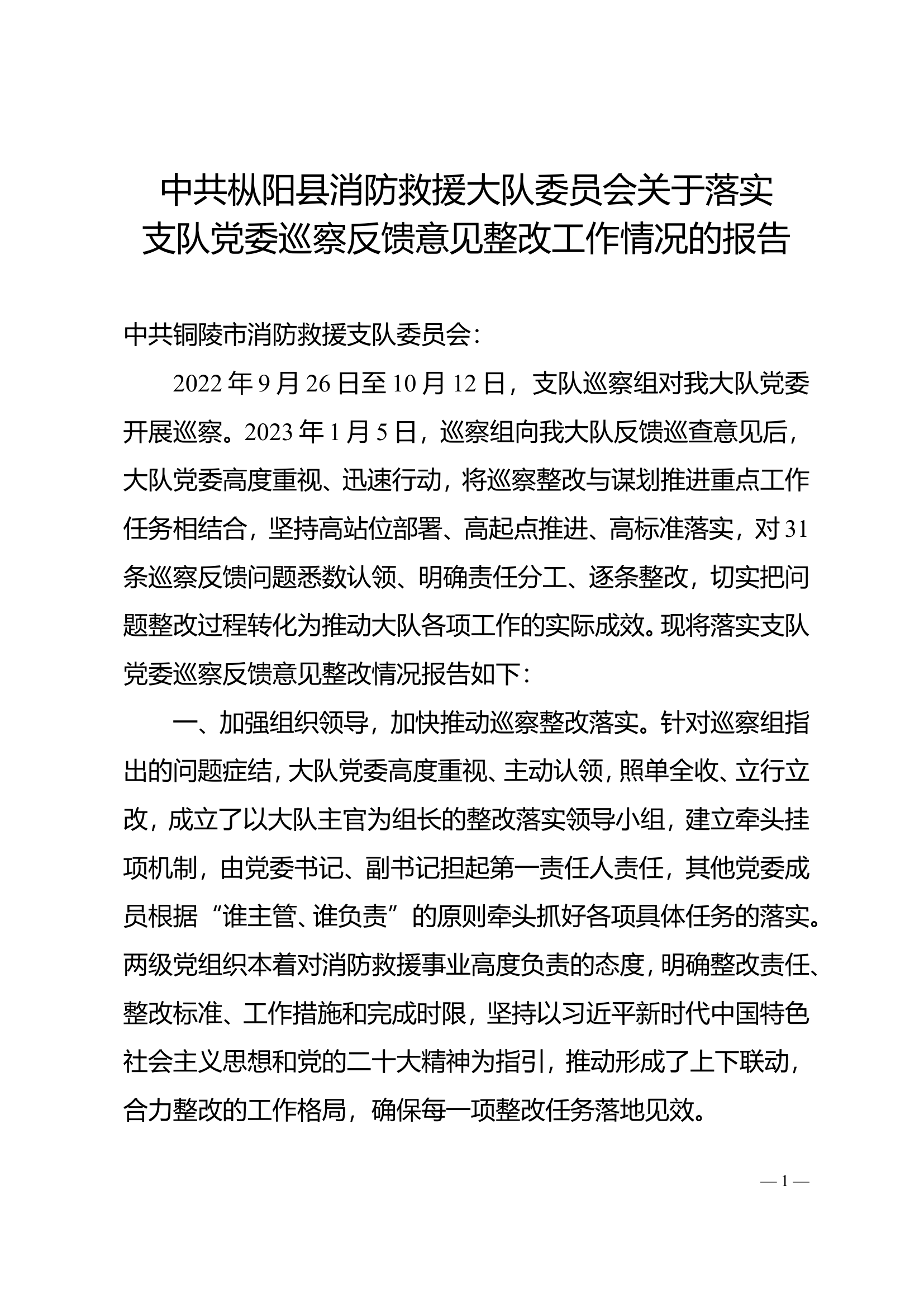 关于落实支队党委巡察反馈意见整改工作情况的报告.doc 第1页