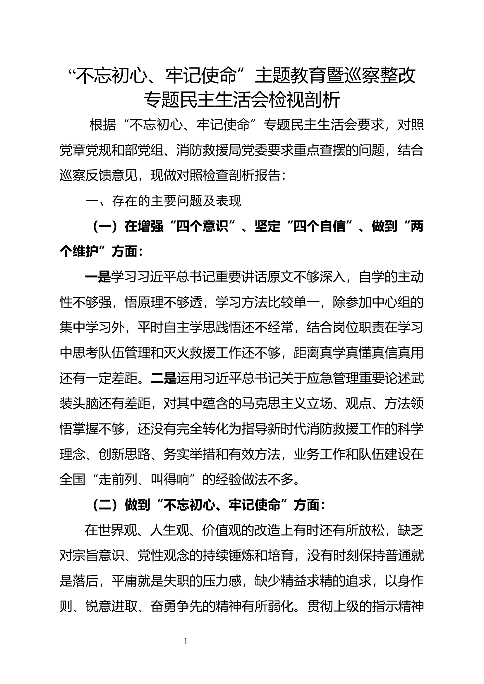 “不忘初心、牢记使命”主题教育暨巡察整改专题民主生活会检视剖析(4).docx 第1页