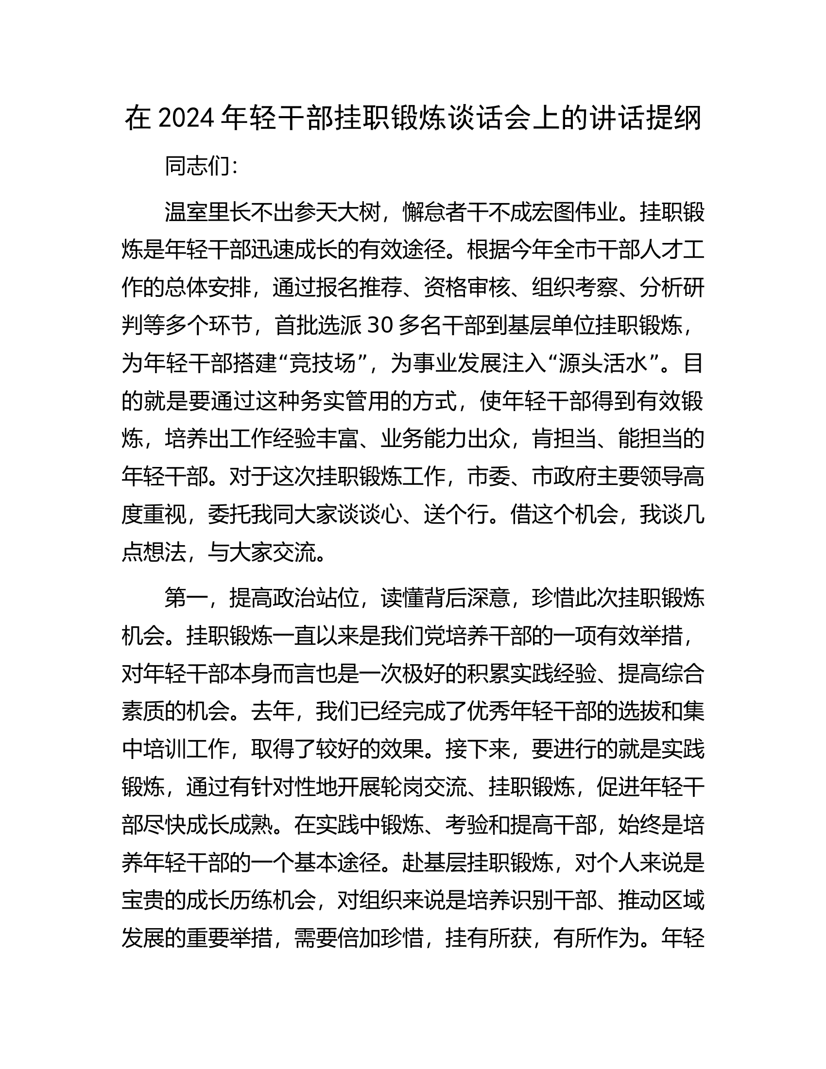 在2024年轻干部挂职锻炼谈话会上的讲话提纲.................docx 第1页