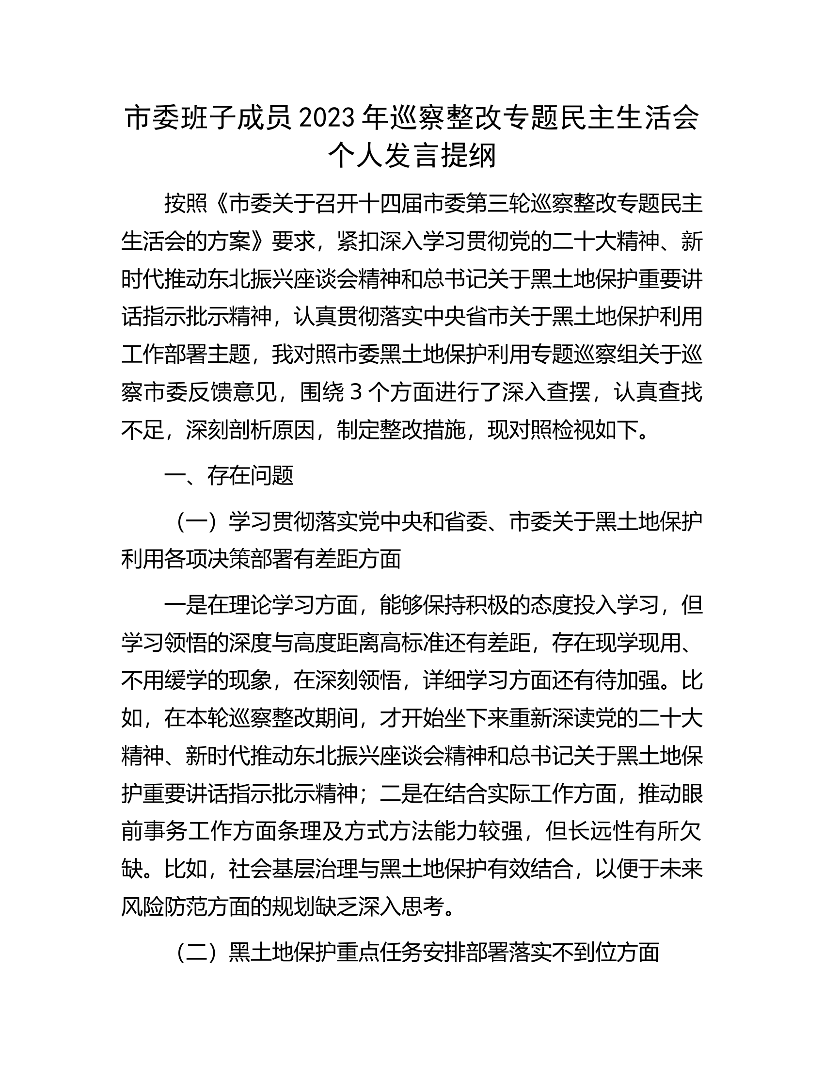 市委班子成员2023年巡察整改专题民主生活会个人发言提纲.docx 第1页
