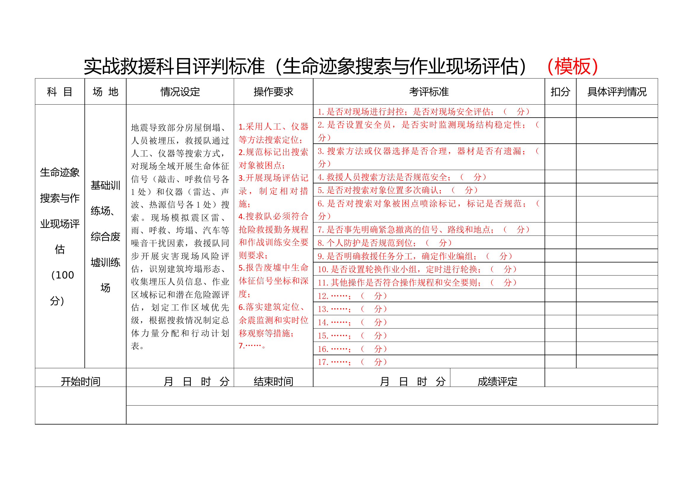 实战救援科目评判标准（生命迹象搜索与作业现场评估）（模板）.docx 第1页