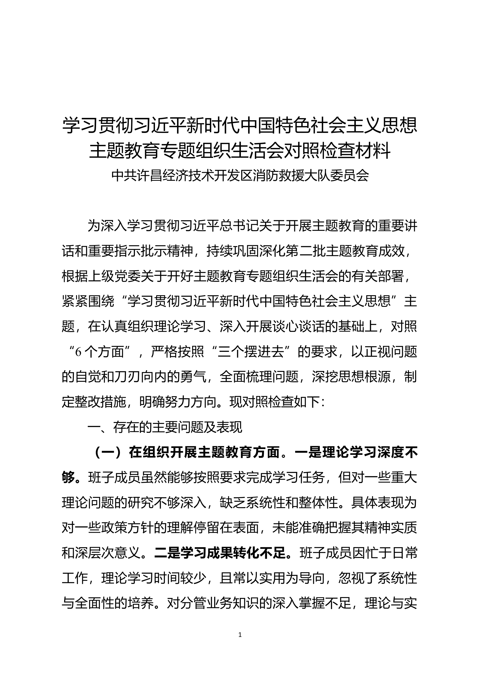 主题教育专题组织生活会班子查摆剖析材料（大队党委班子）.docx 第1页