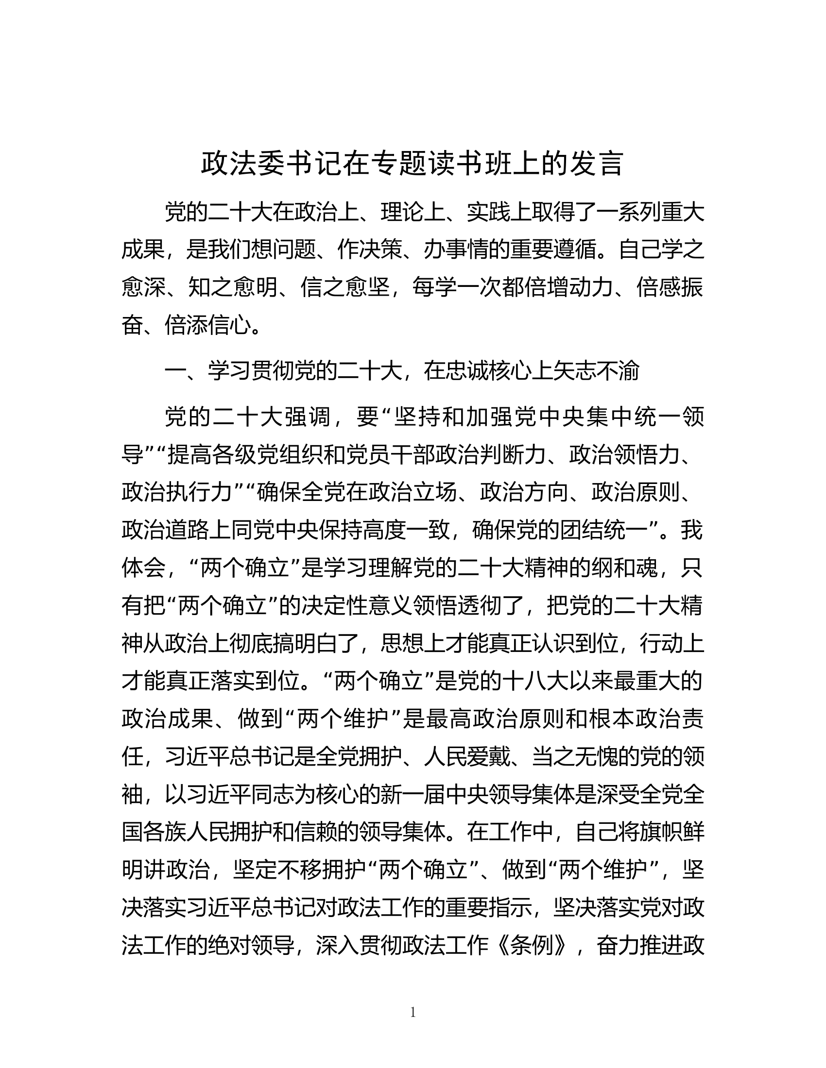 政法委书记在专题读书班上的发言.docx 第1页