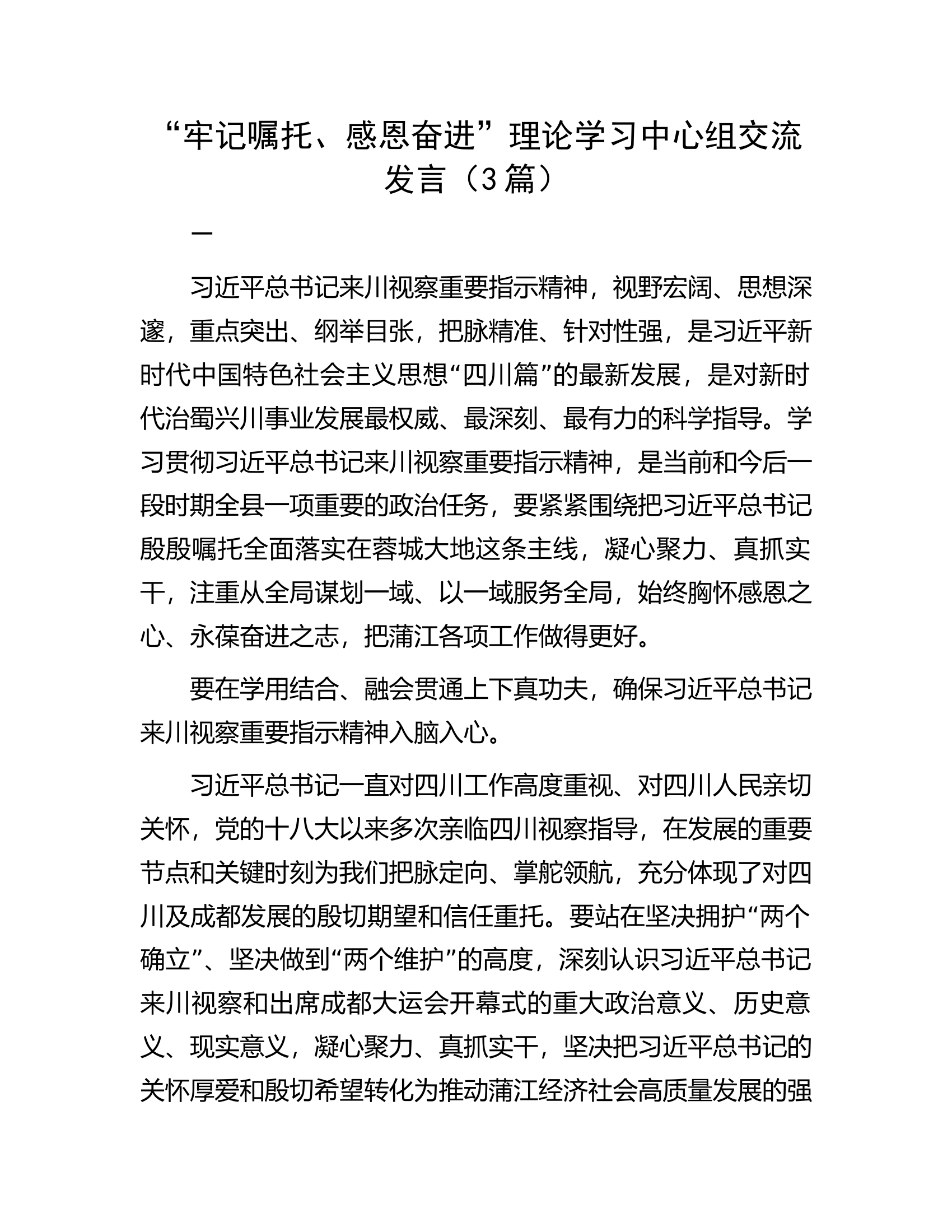 &ldquo;牢记嘱托、感恩奋进&rdquo;理论学习中心组交流发言（3篇）.docx 第1页