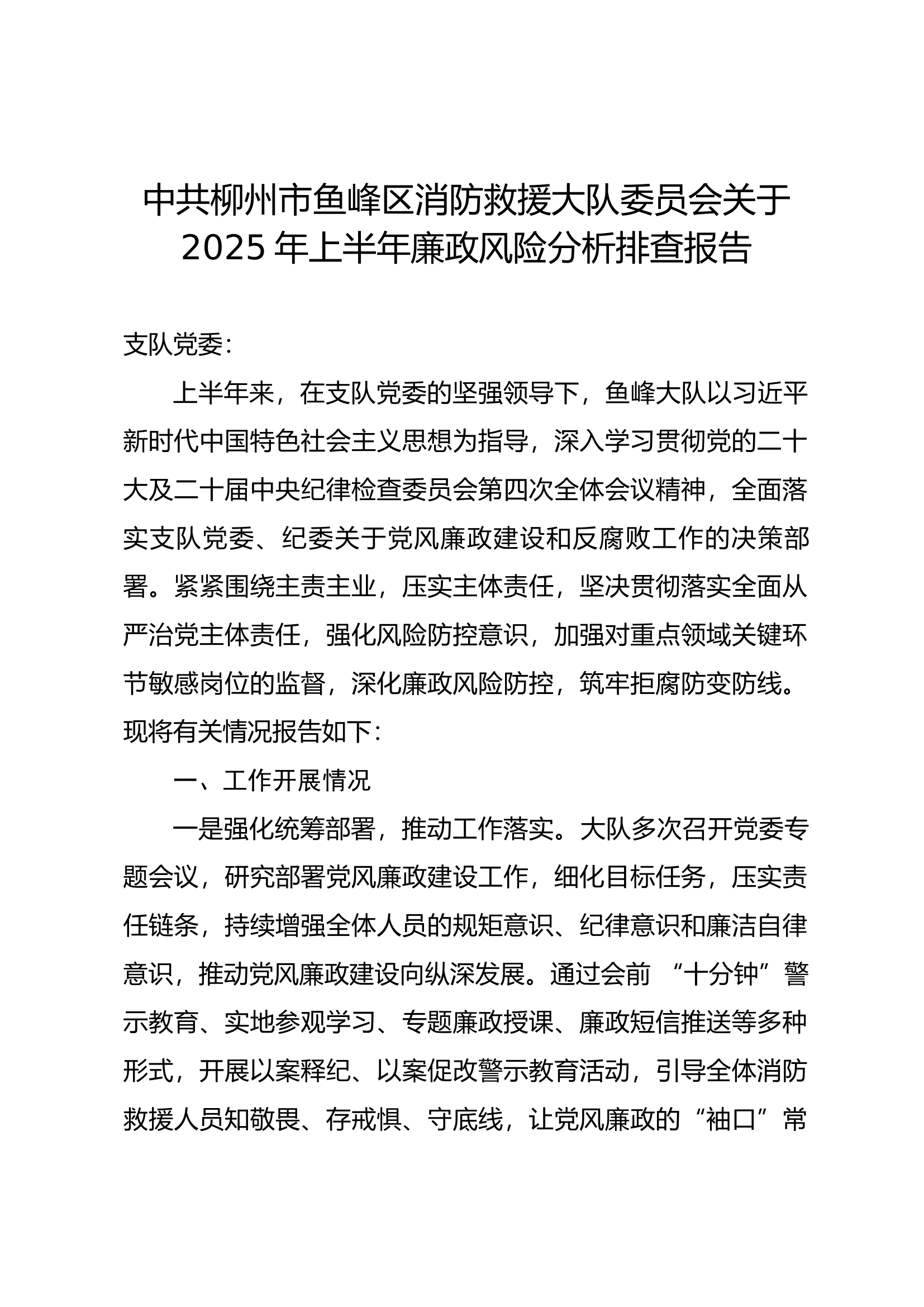 xx大队上半年廉政风险分析排查报告 第1页