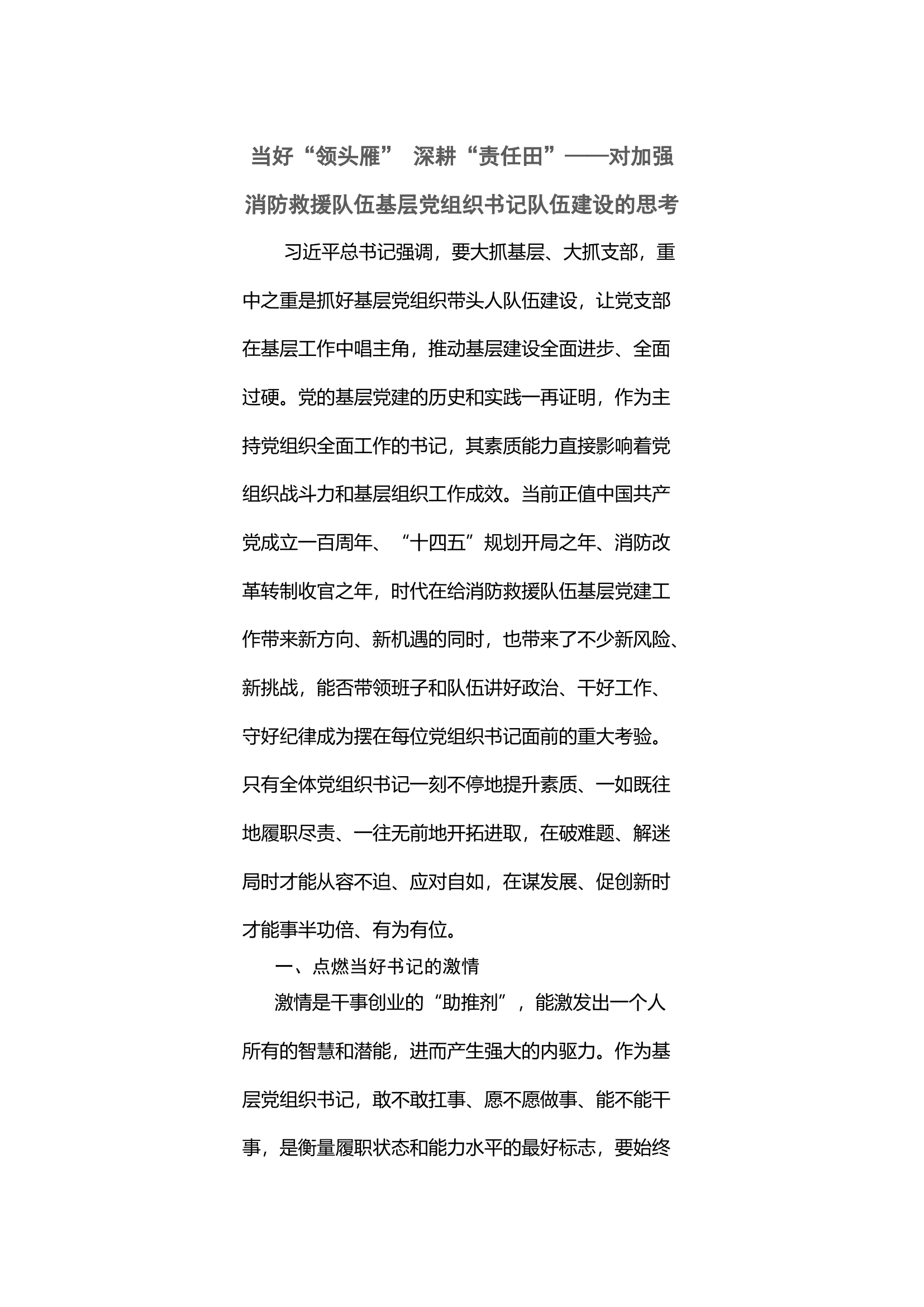 当好“领头雁” 深耕“责任田”——对加强消防救援队伍基层党组织书记队伍建设的思考.docx 第1页