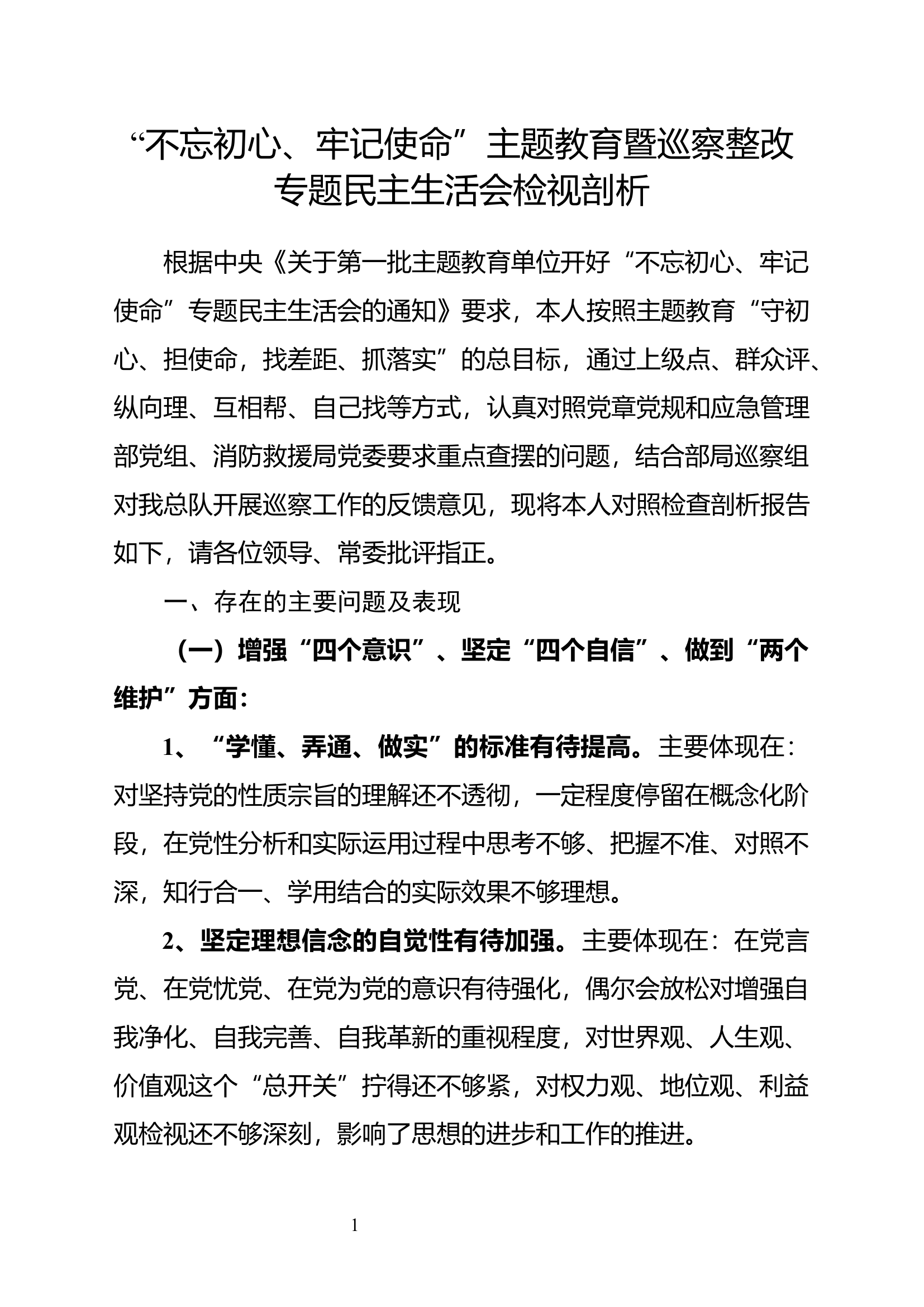 “不忘初心、牢记使命”主题教育暨巡察整改专题民主生活会检视剖析(7).docx 第1页