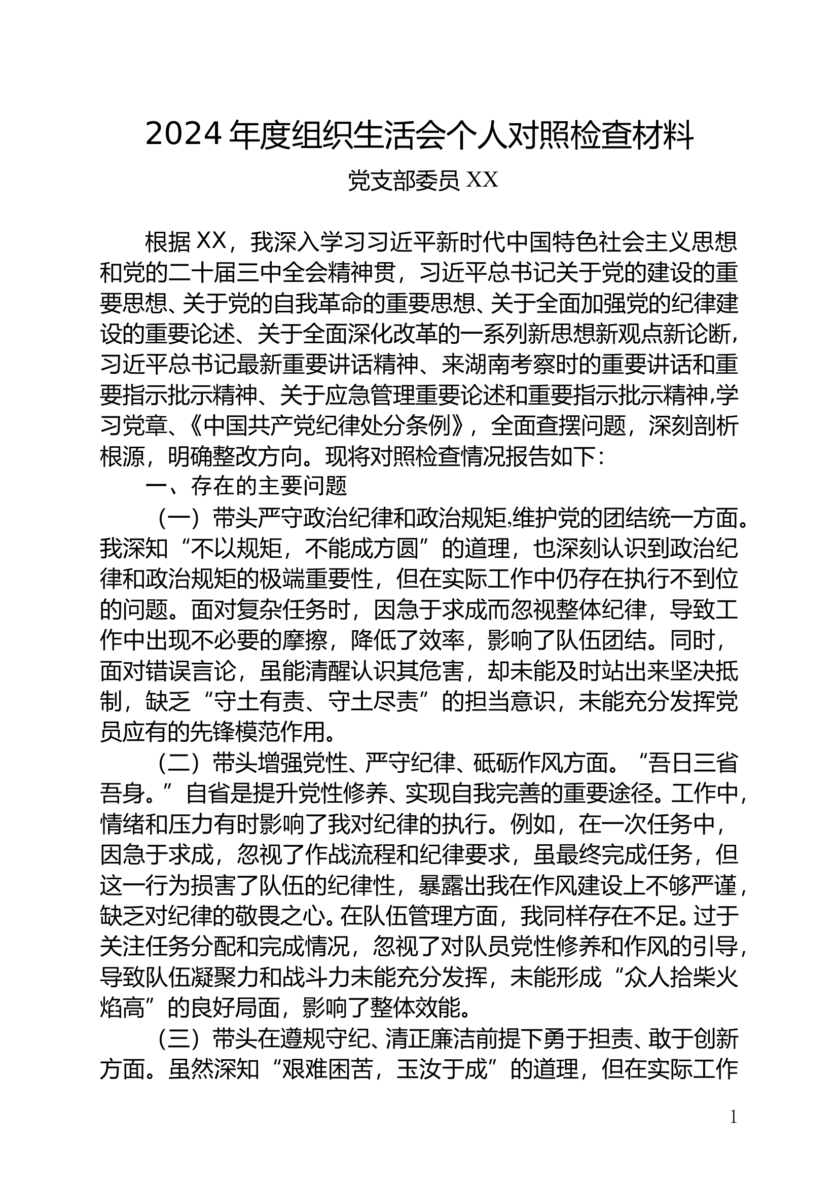 2024年度组织生活会个人对照检查材料 第1页