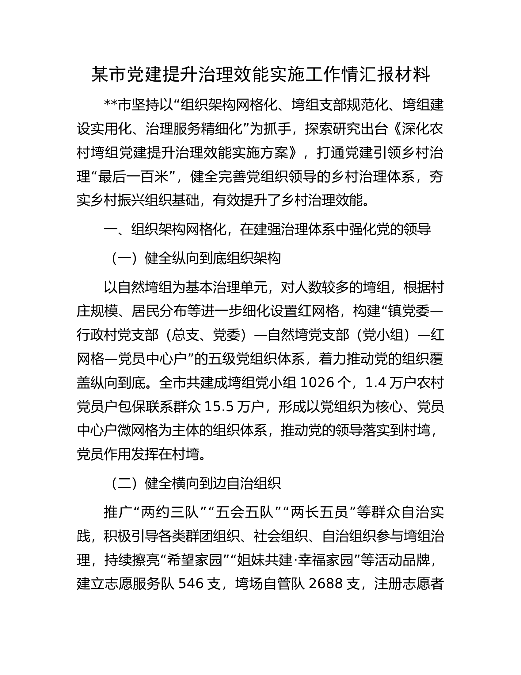 某市党建提升治理效能实施工作情汇报材料.docx 第1页