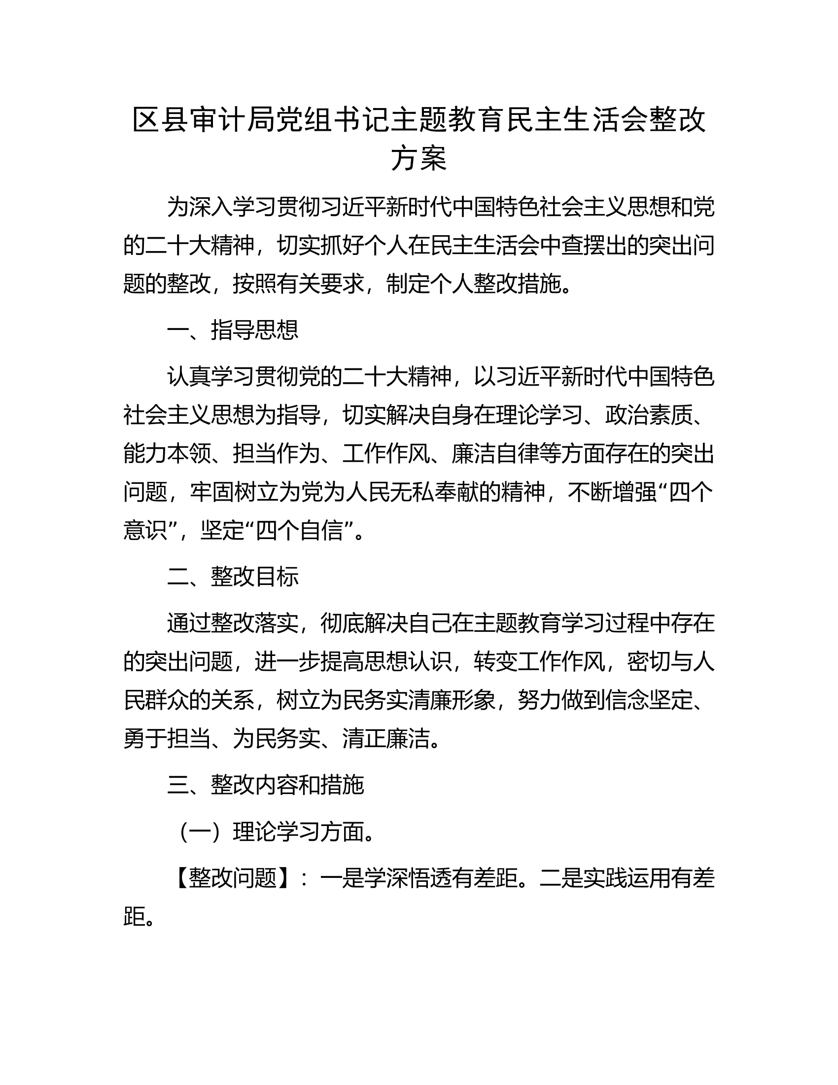 区县审计局党组书记主题教育民主生活会整改方案............docx 第1页