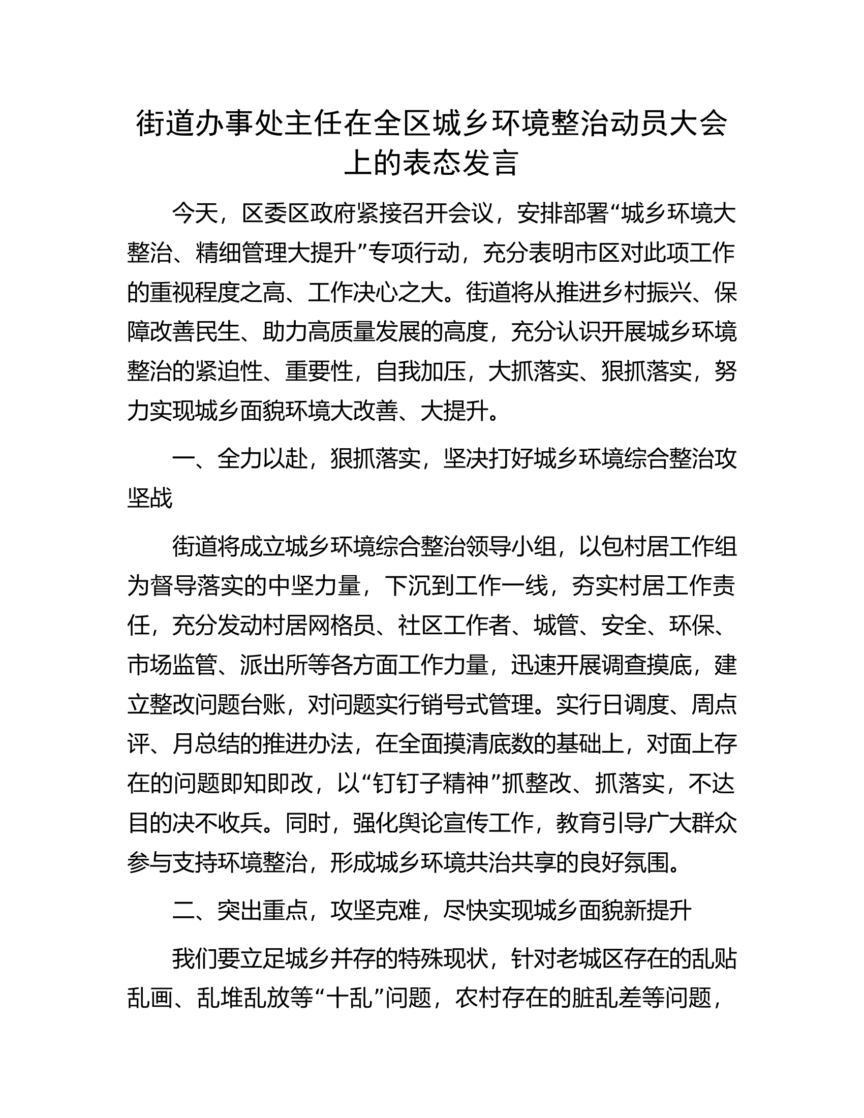 街道办事处主任在全区城乡环境整治动员大会上的表态发言.docx 第1页