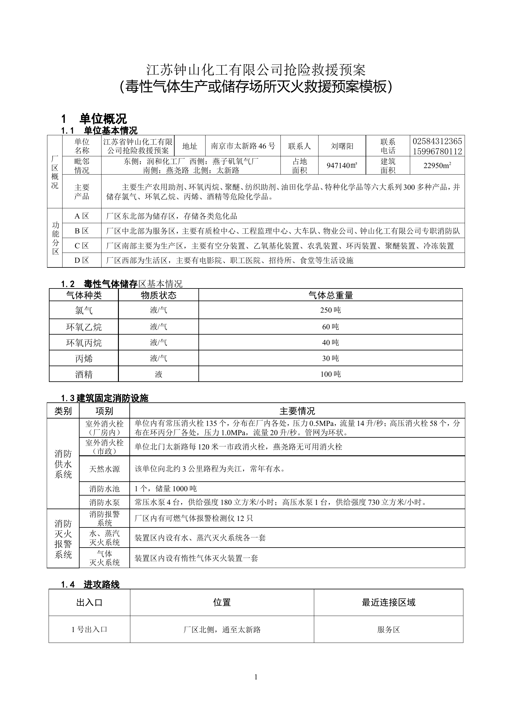 毒性气体生产或储存场所灭火救援预案模板.doc 第1页