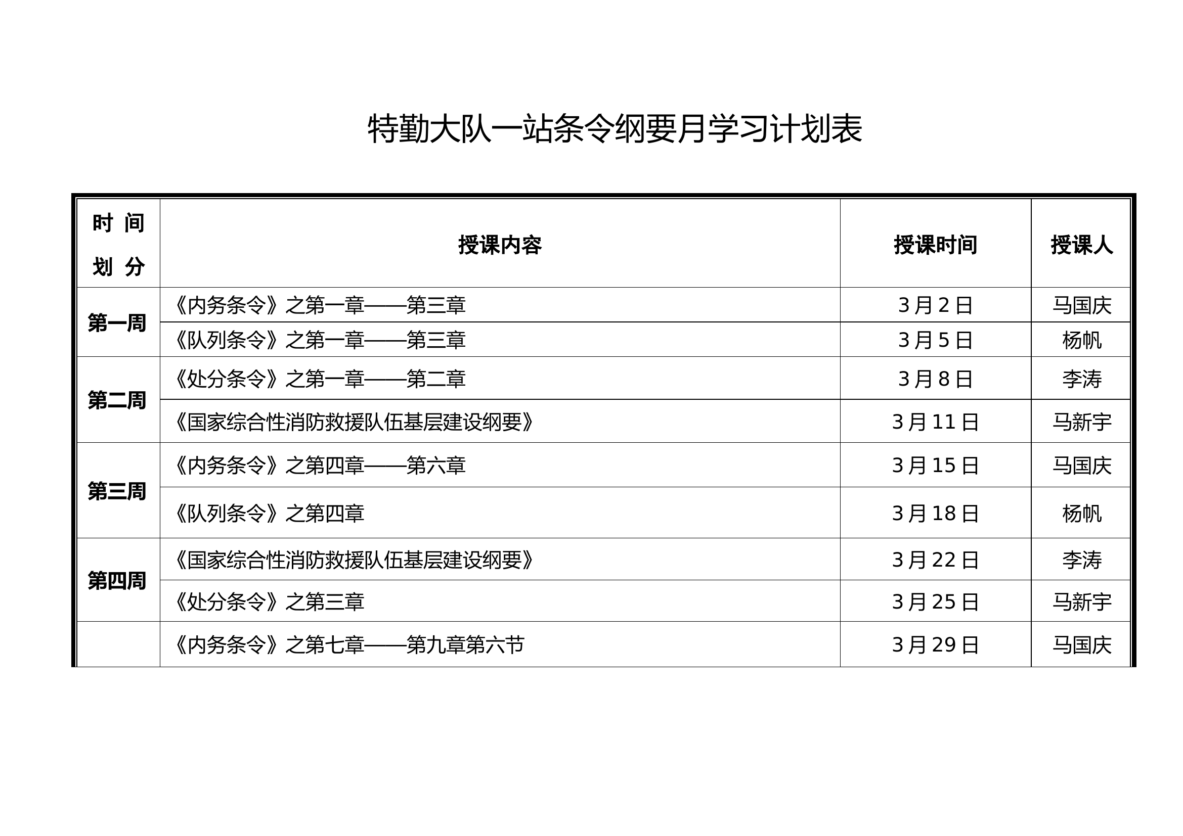 特勤大队一站条令纲要月学习计划表.docx 第1页