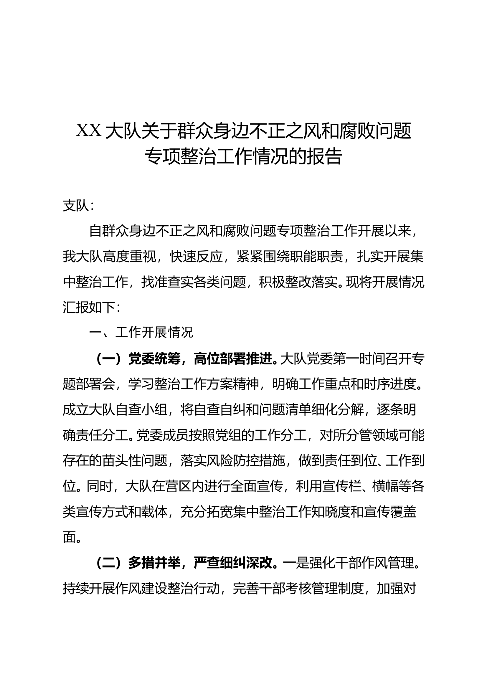 消防大队关于群众身边不正之风和腐败问题专项整治工作情况的报告 第1页