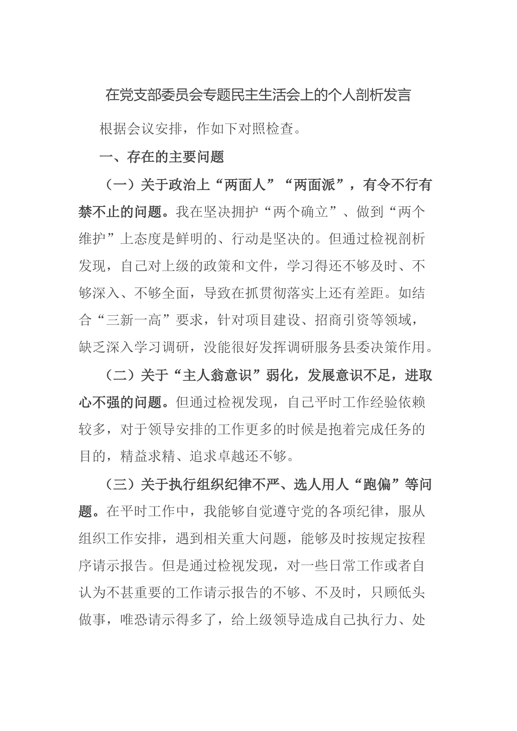 在党支部委员会专题民主生活会上的个人剖析发言.docx 第1页