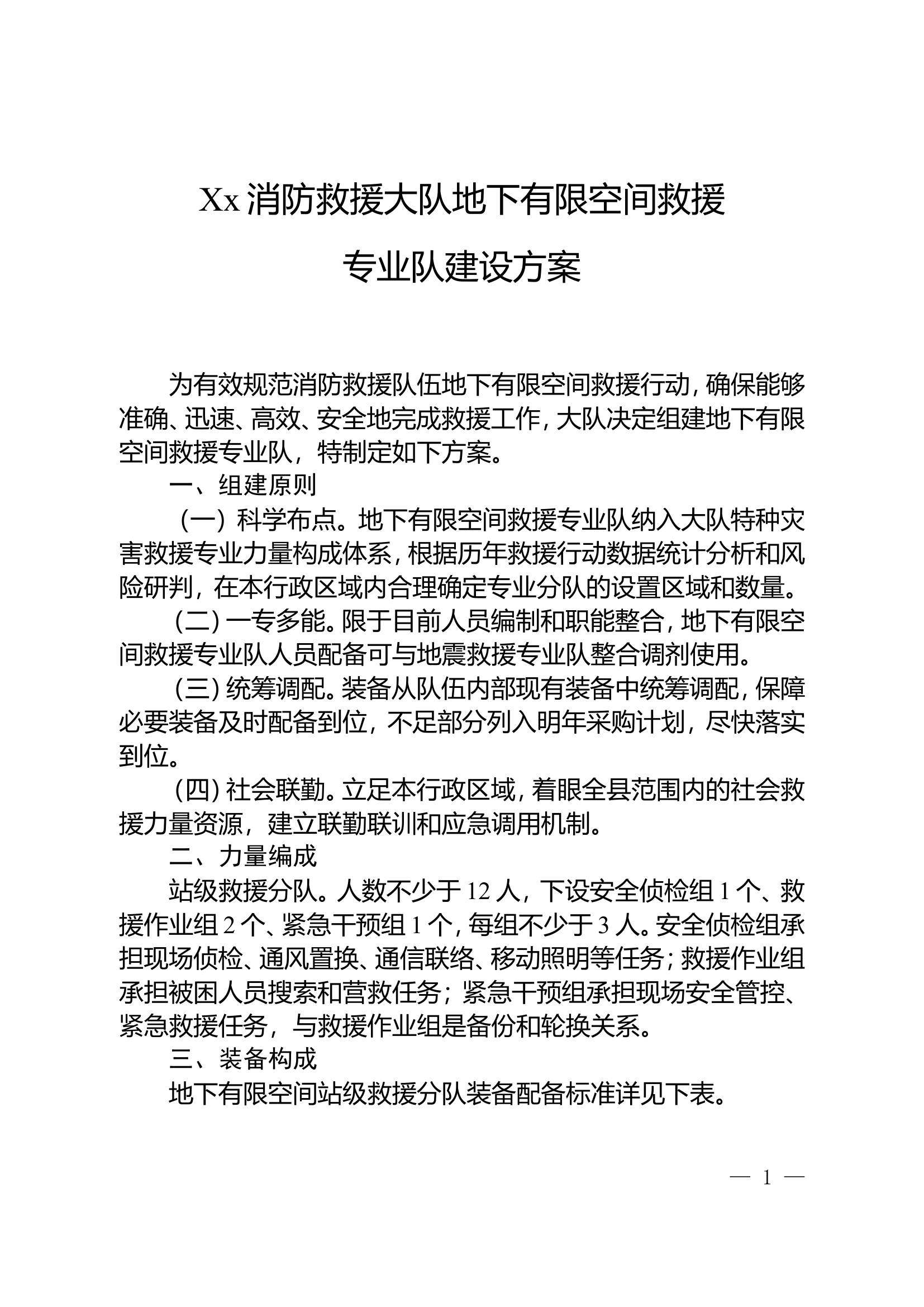 消防大队地下有限空间专业队建设方案.doc 第1页